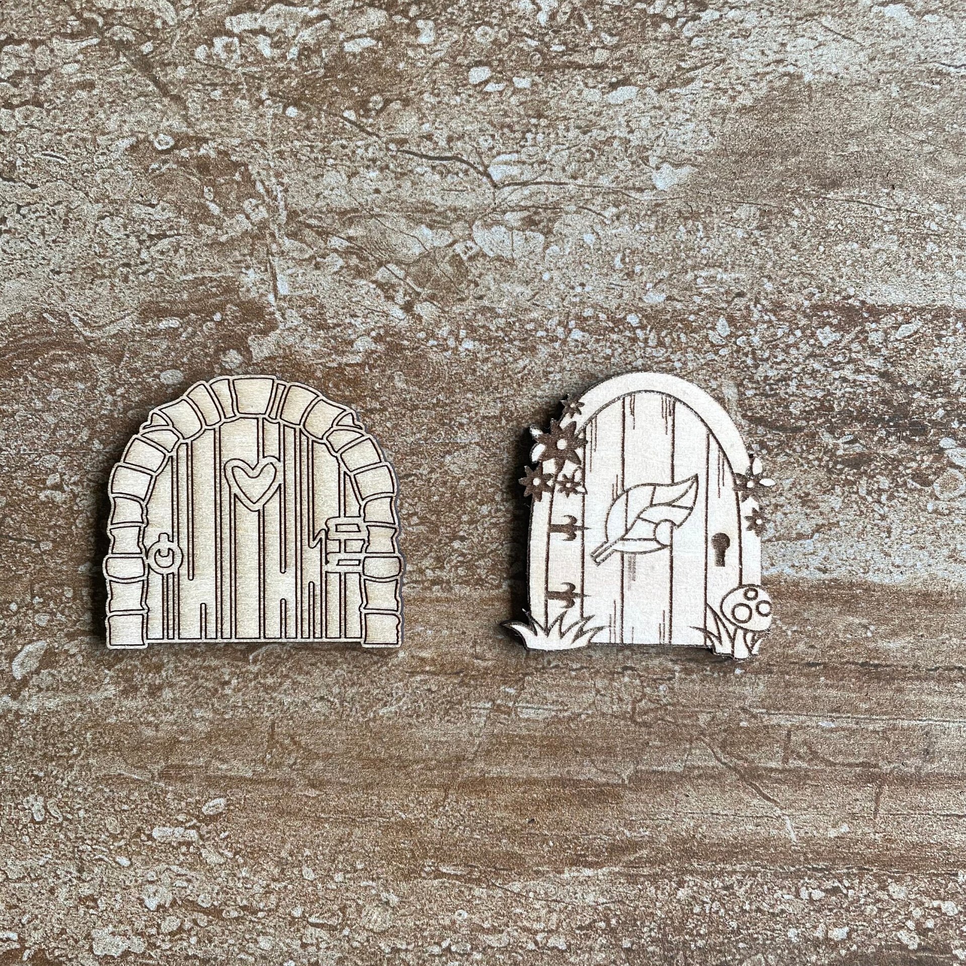 Handmade wooden DIY fairy door cutout in two unique styles, ready for paint or decorating