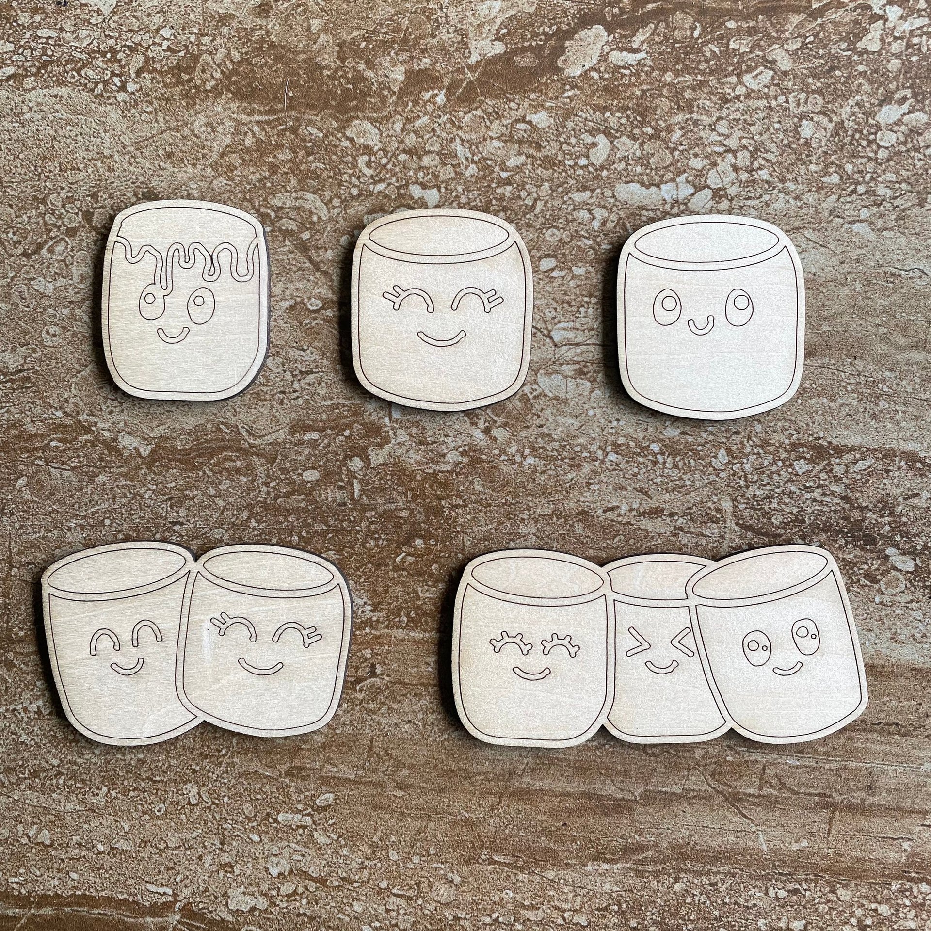 Handmade wooden DIY marshmallow cutout in five unique styles, ready for paint or decorating