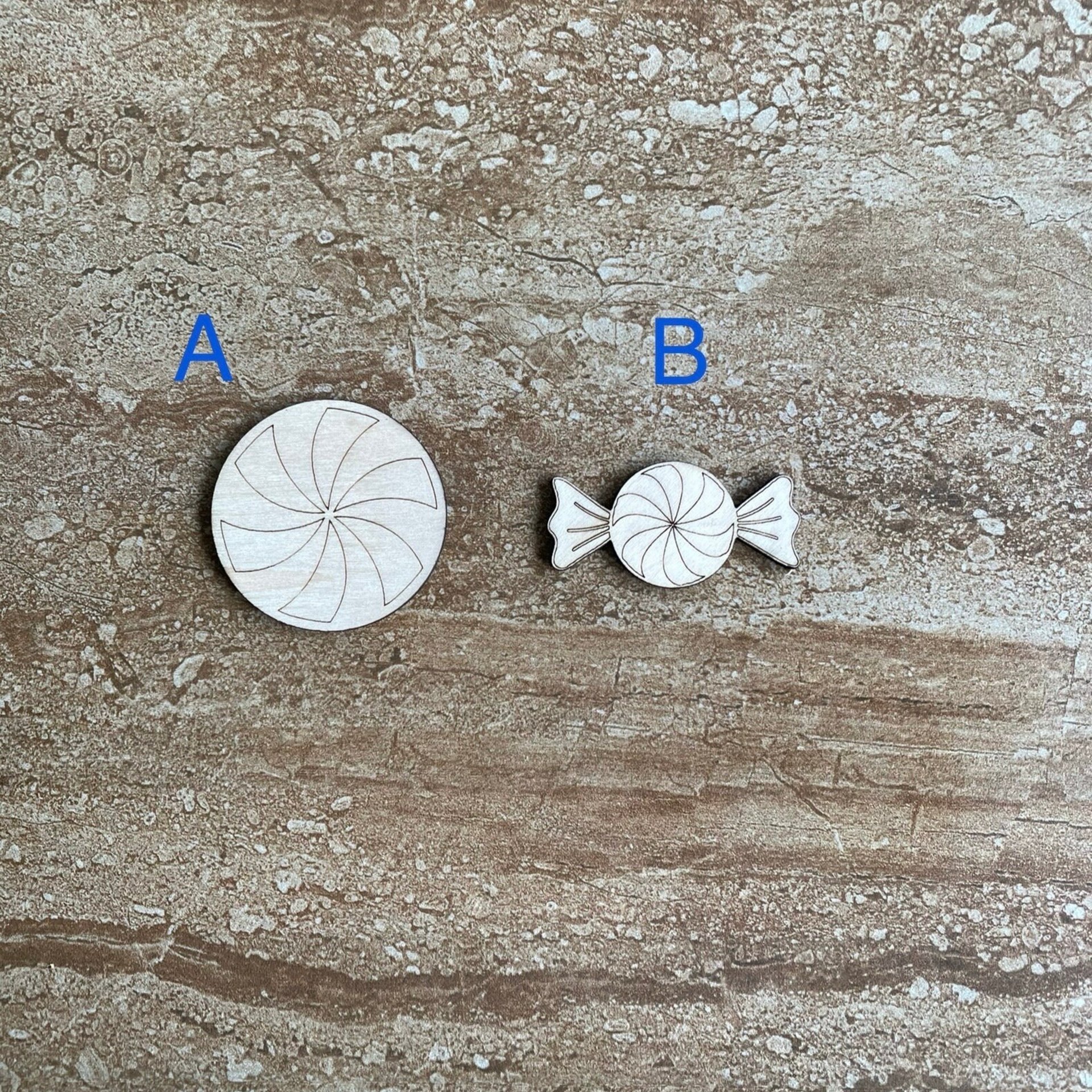 Handmade wooden DIY hard candy disk cutout in two unique styles, ready for paint or decorating