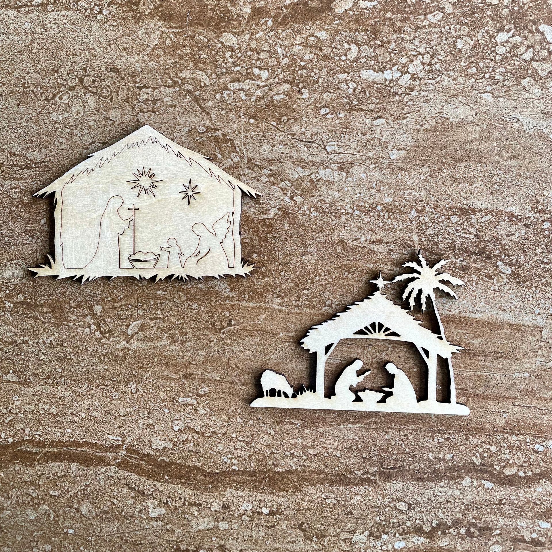 Handmade wooden DIY Nativity scene cutout in two unique styles, ready for paint or decorating