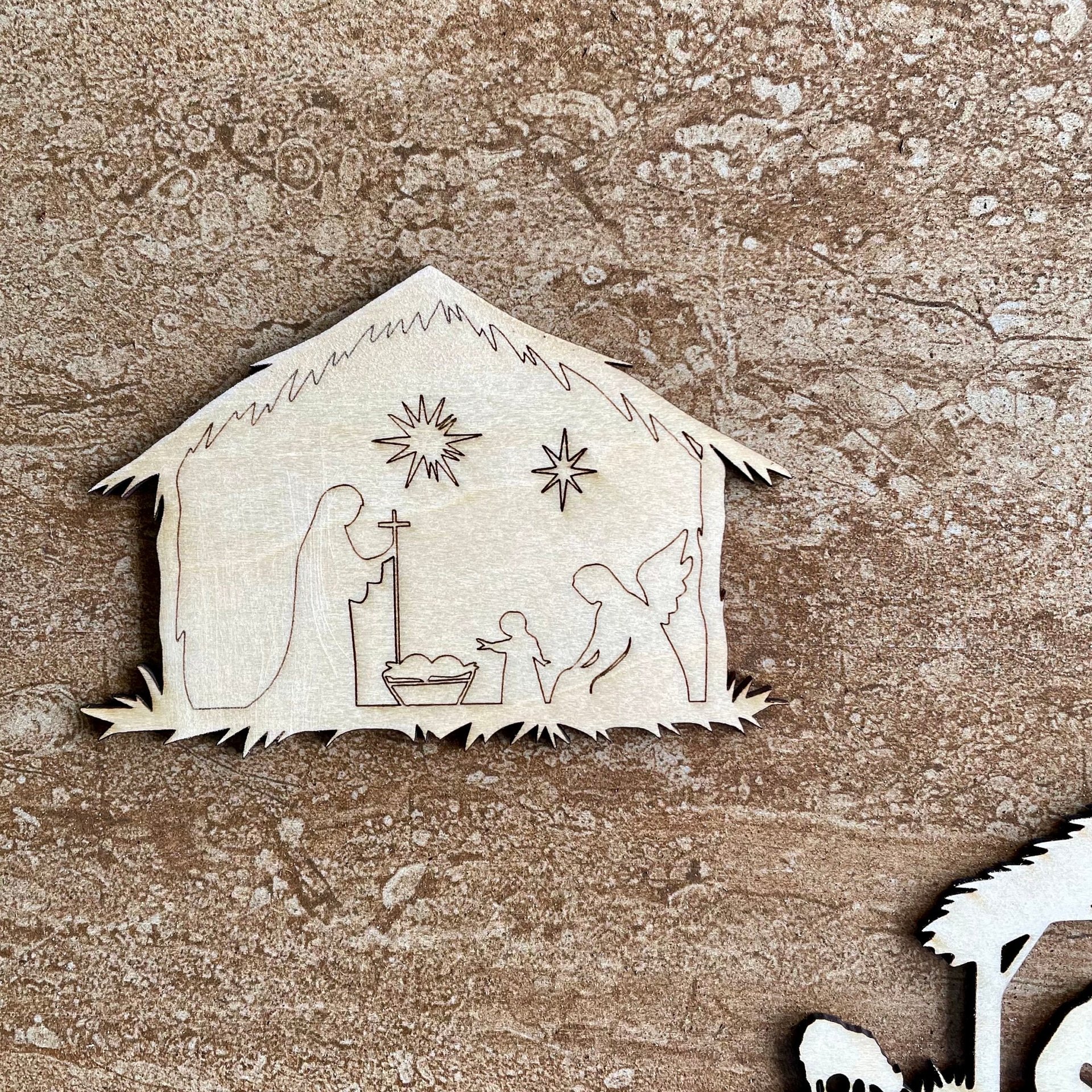 Handmade wooden DIY Nativity scene cutout in two unique styles, ready for paint or decorating