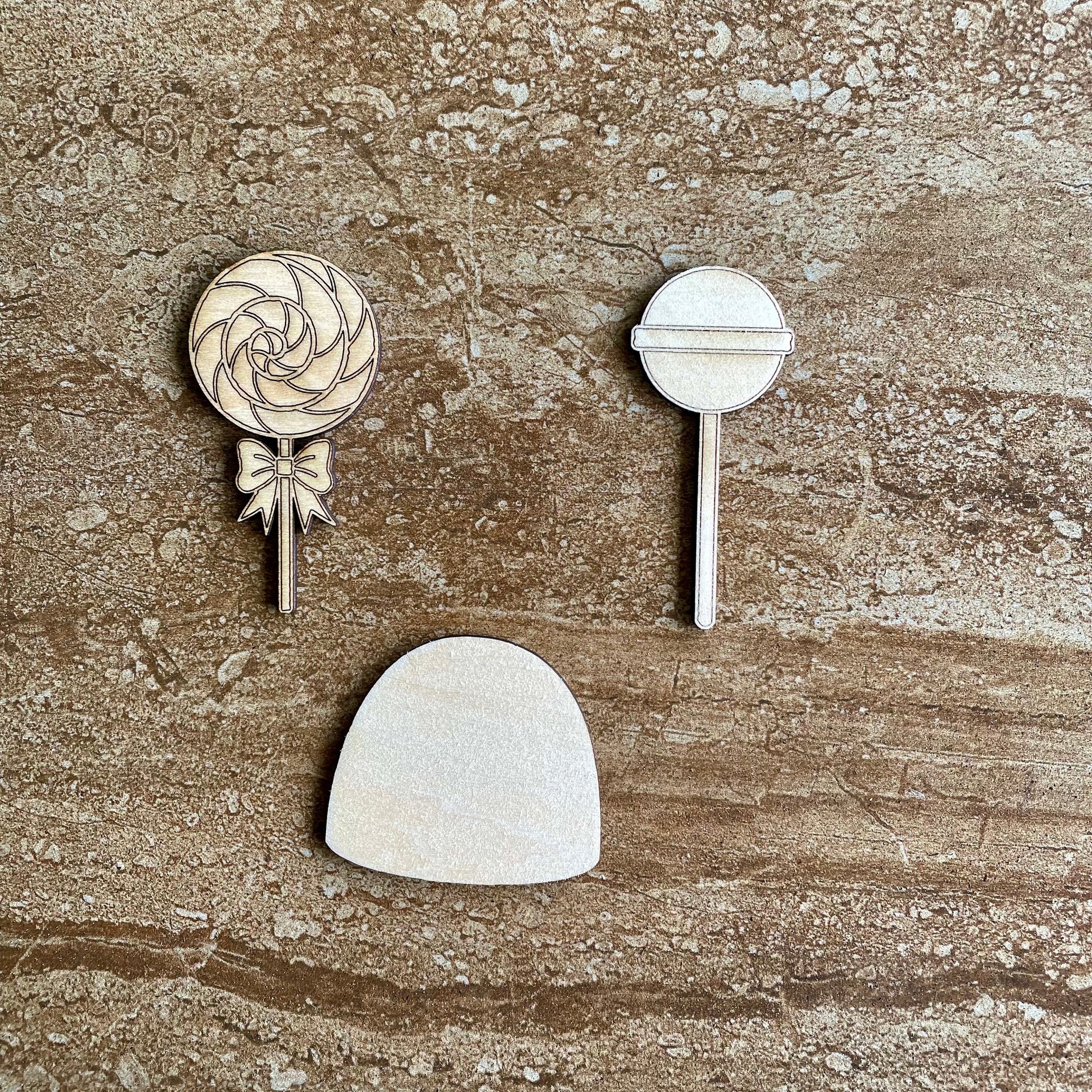 Handmade wooden DIY candy cutout in three unique styles, ready for paint or decorating