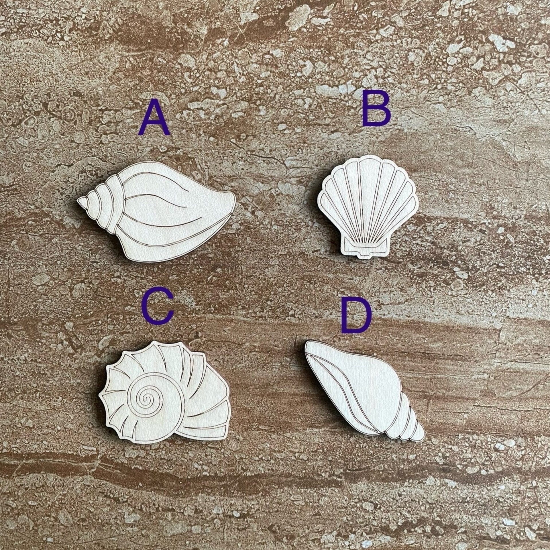 Handmade wooden DIY sea shell cutout in four unique styles, ready for paint or decorating