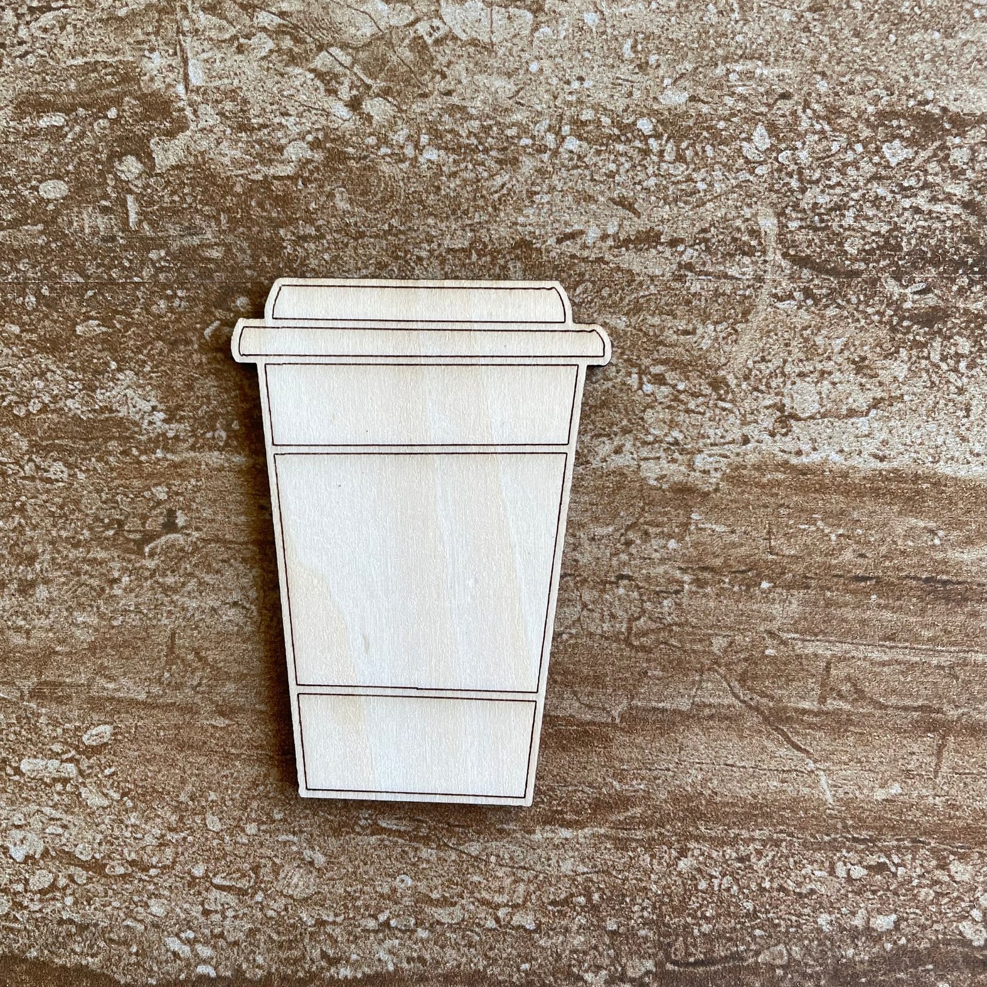 Handmade wooden DIY Styrofoam coffee cup cutout ready for paint or decorating