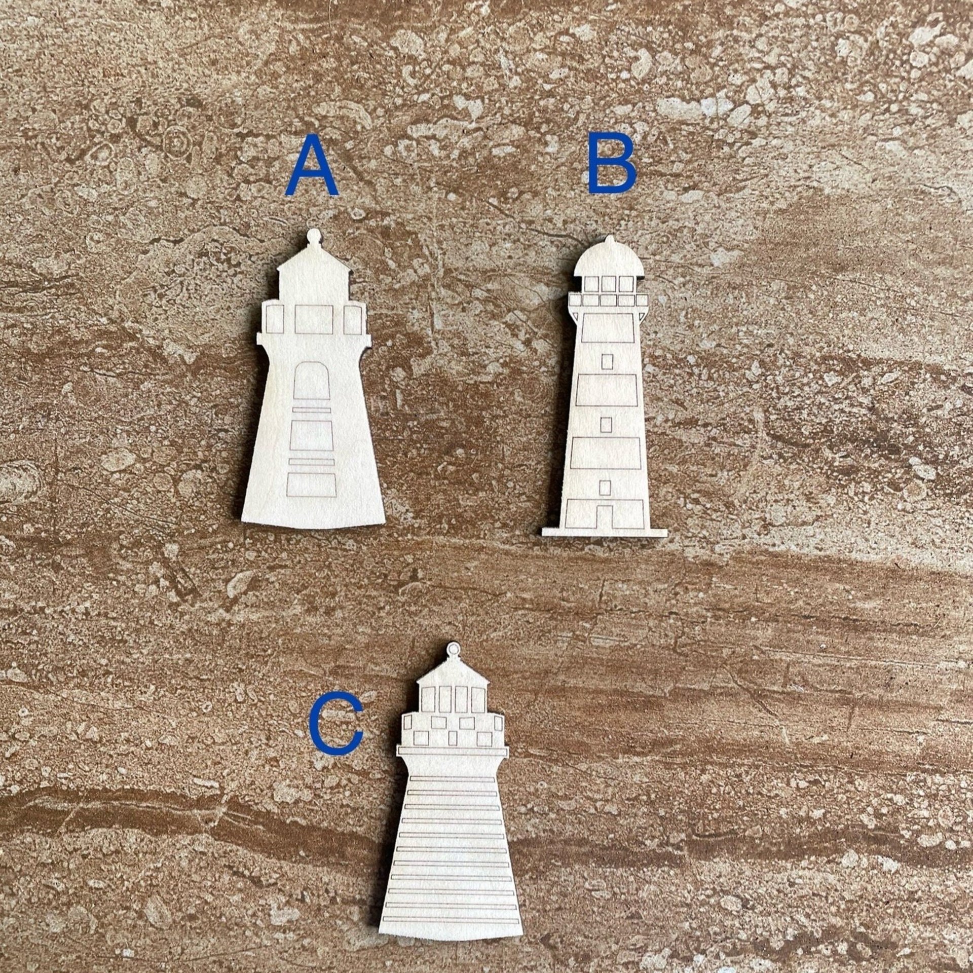 Handmade wooden DIY lighthouse cutout in three unique styles, ready for paint or decorating
