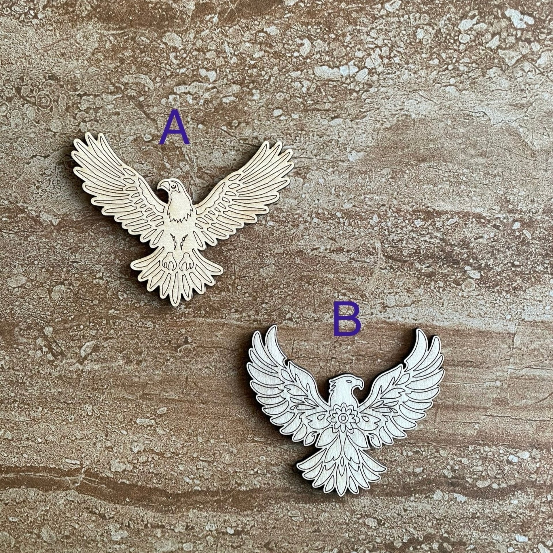 Handmade wooden DIY eagle cutout in two unique styles, ready to paint or decorate