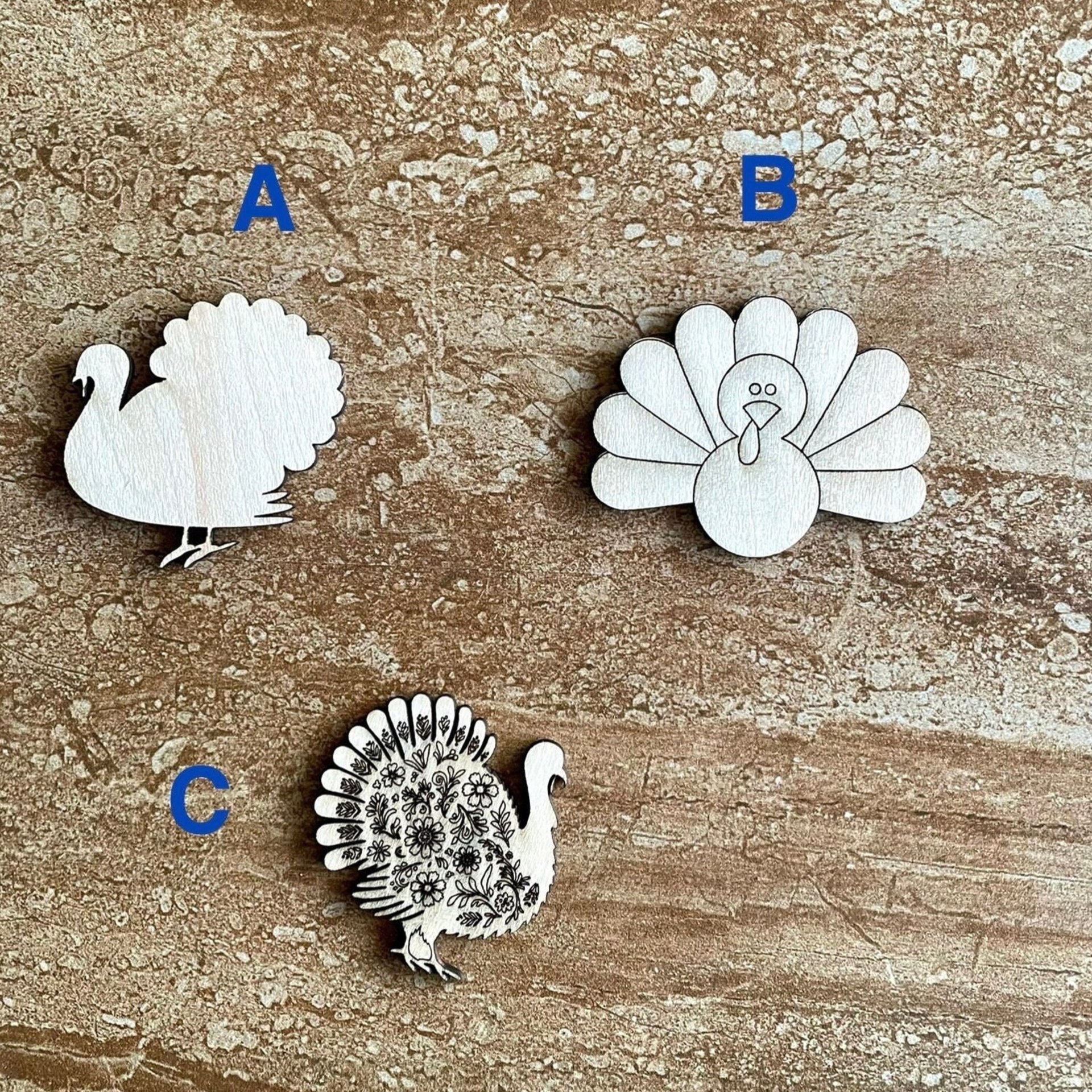 Handmade wooden DIY Thanksgiving turkey cutout in three unique styles, ready for paint or decorating
