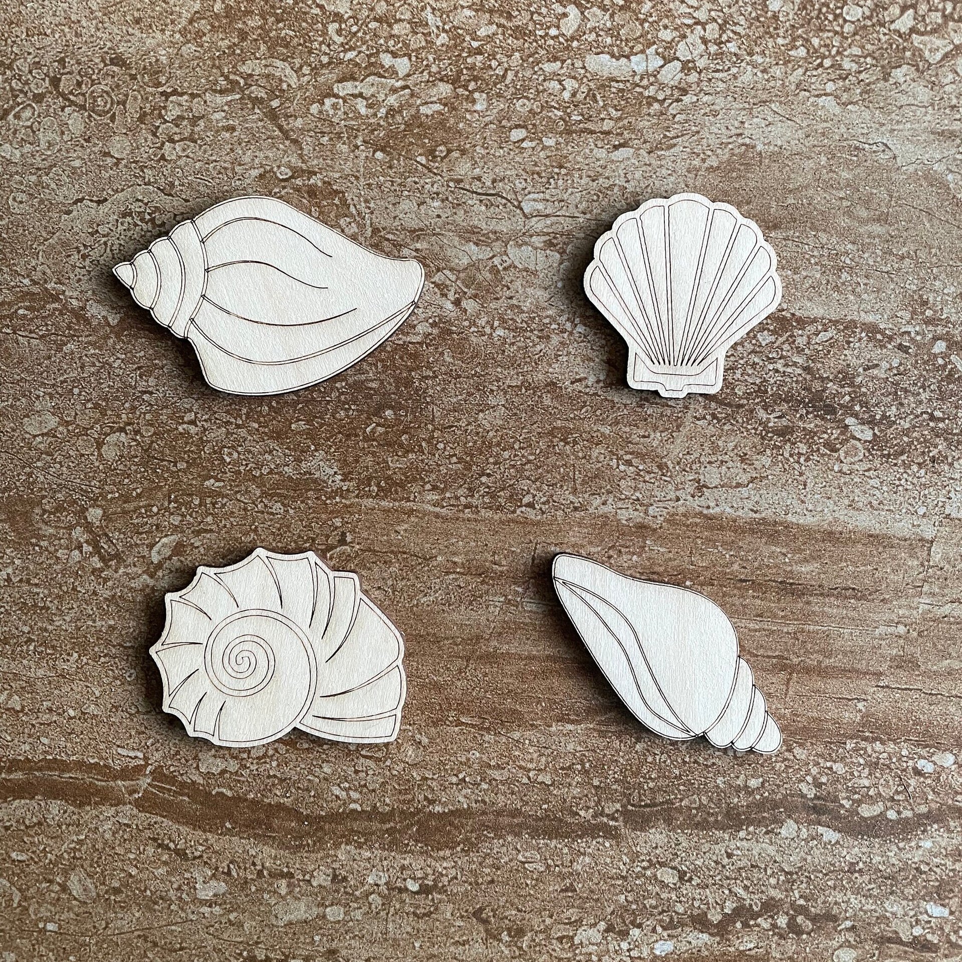 Handmade wooden DIY sea shell cutout in four unique styles, ready for paint or decorating