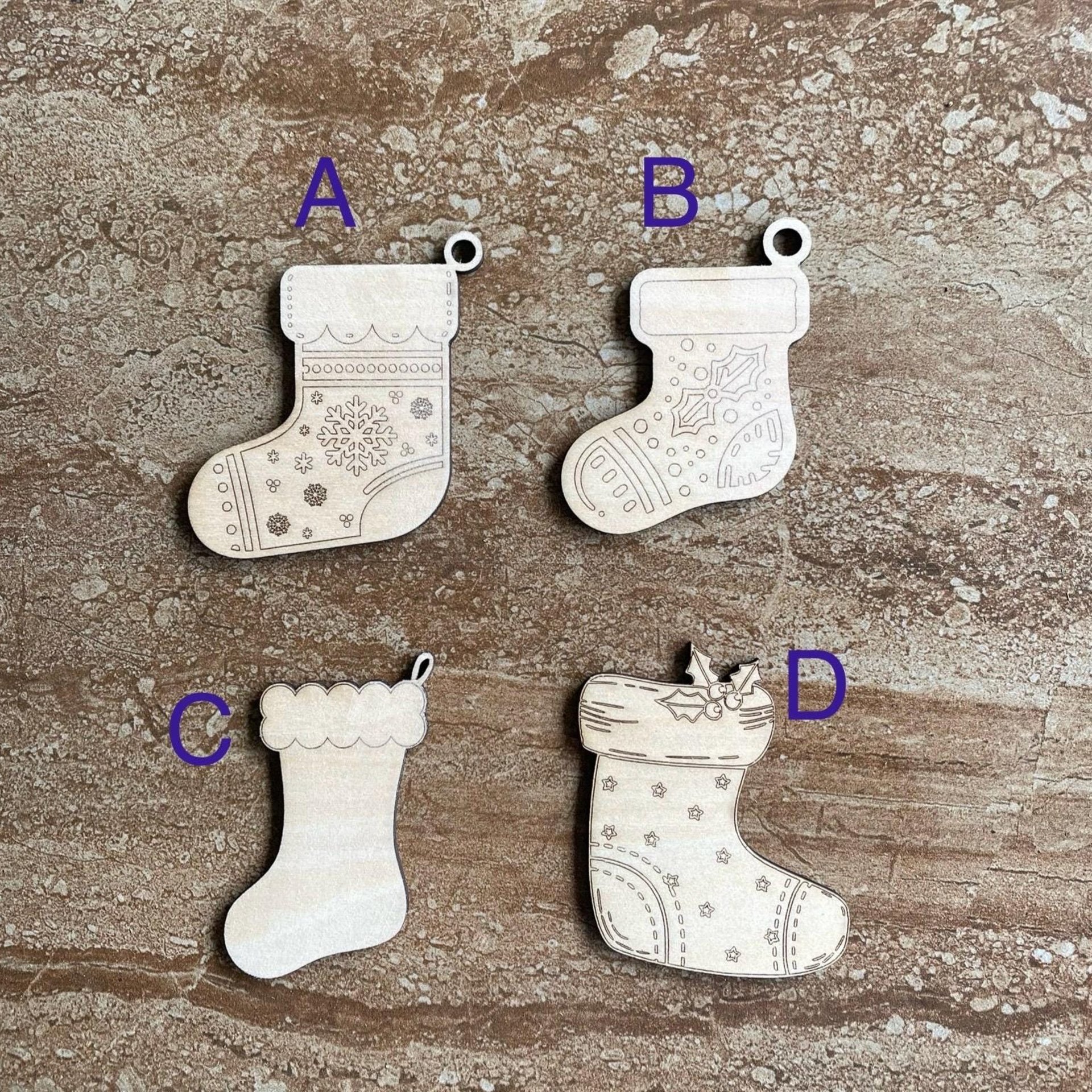 Handmade wooden DIY Christmas stocking cutout in four unique styles, ready for paint or decorating