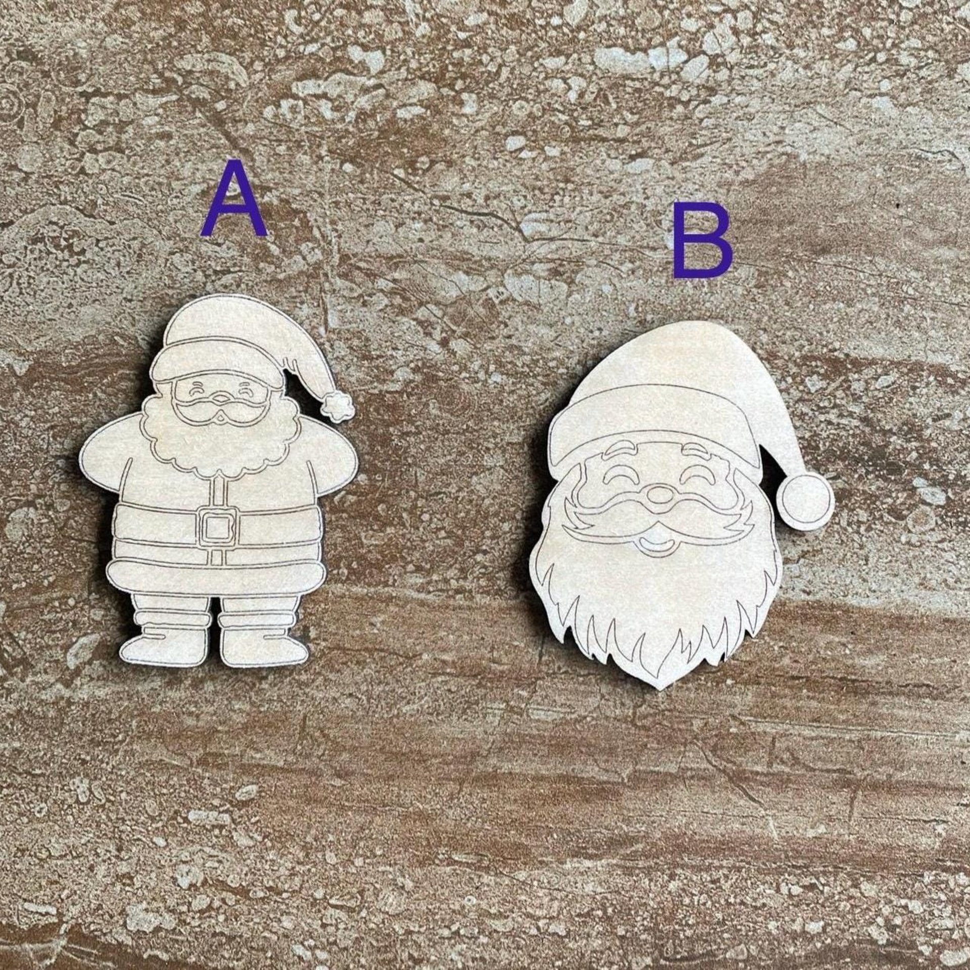 Handmade wooden DIY Santa cutout in two unique styles, ready for paint or decorating