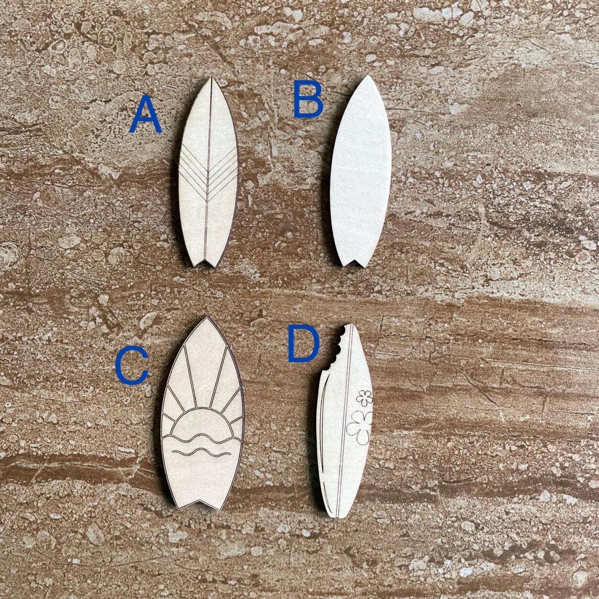 Handmade wooden DIY surfboard cutout in four unique styles, ready for paint or decorating