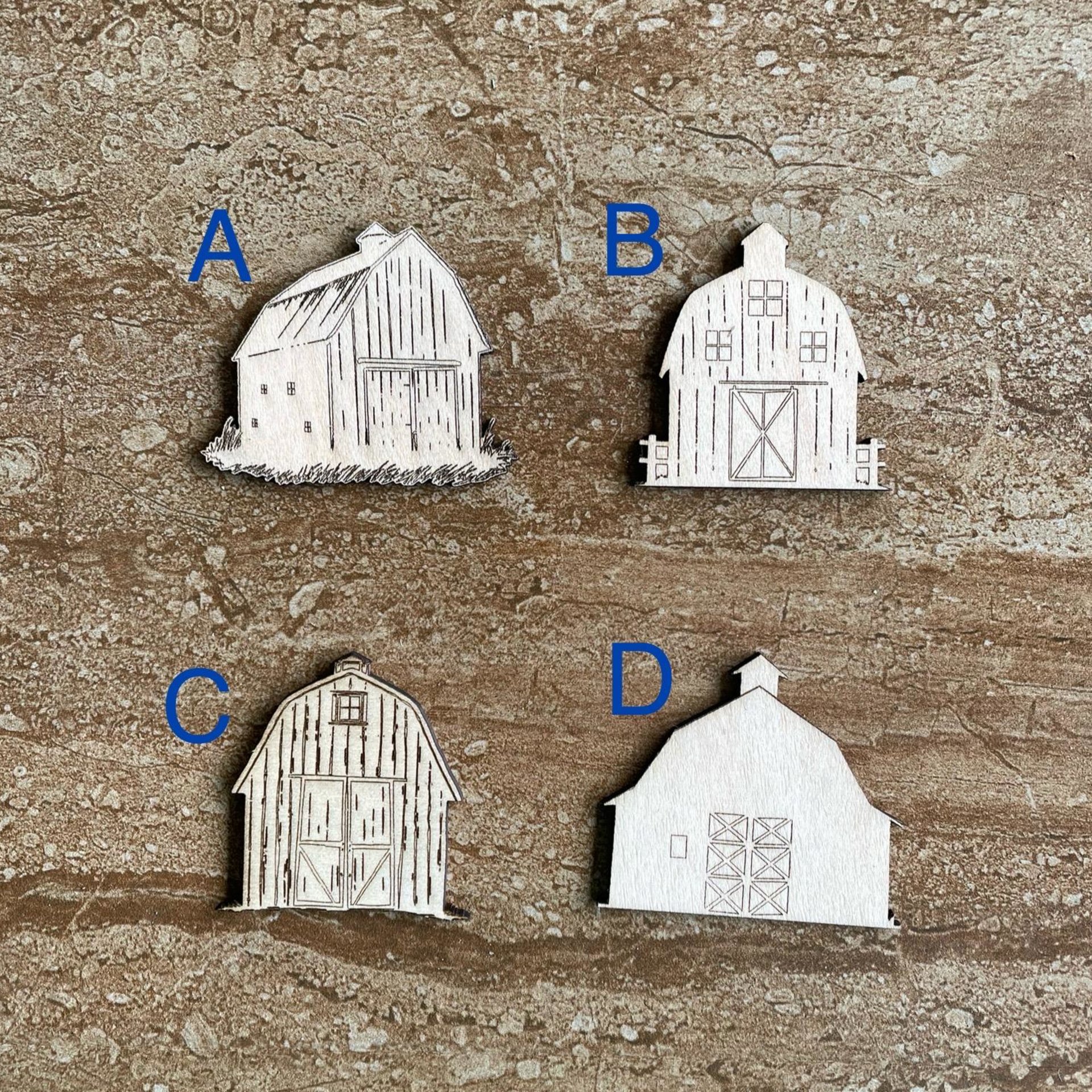 Handmade wooden DIY barn cutout in four unique styles, ready to paint or decorate
