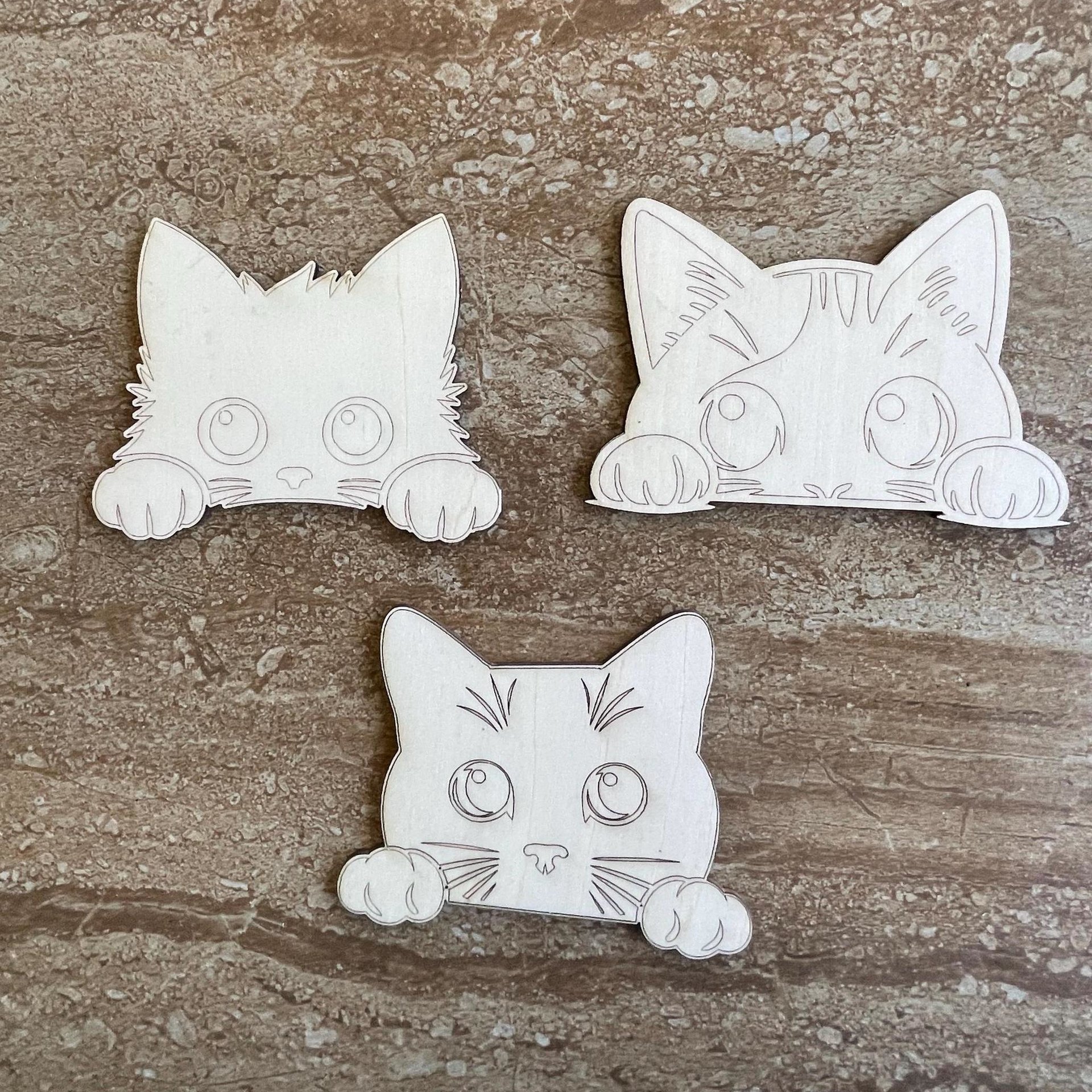 Handmade wooden DIY cat cutout in three unique styles, ready to paint or decorate