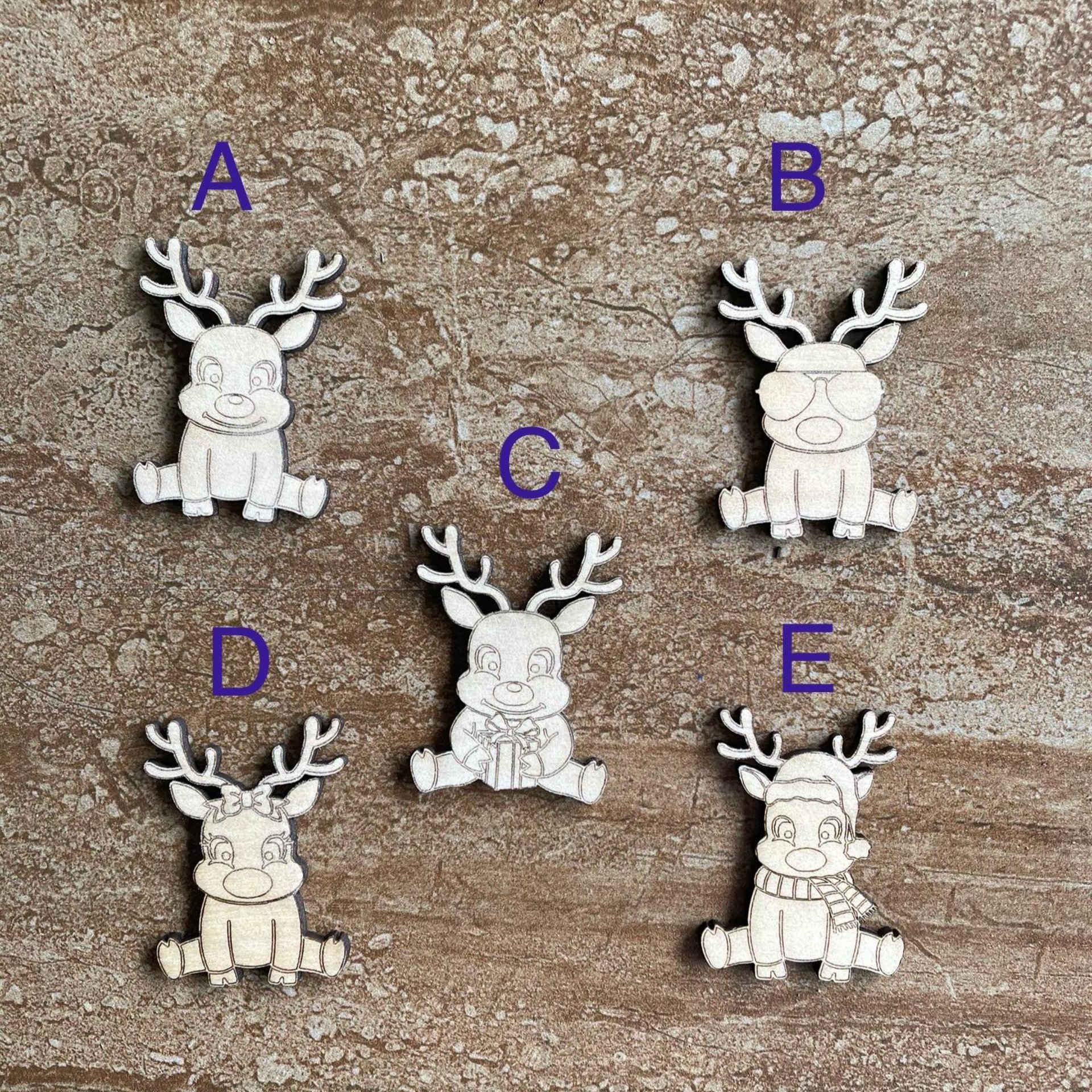 Handmade wooden DIY reindeer cutout in five unique styles, ready for paint or decorating