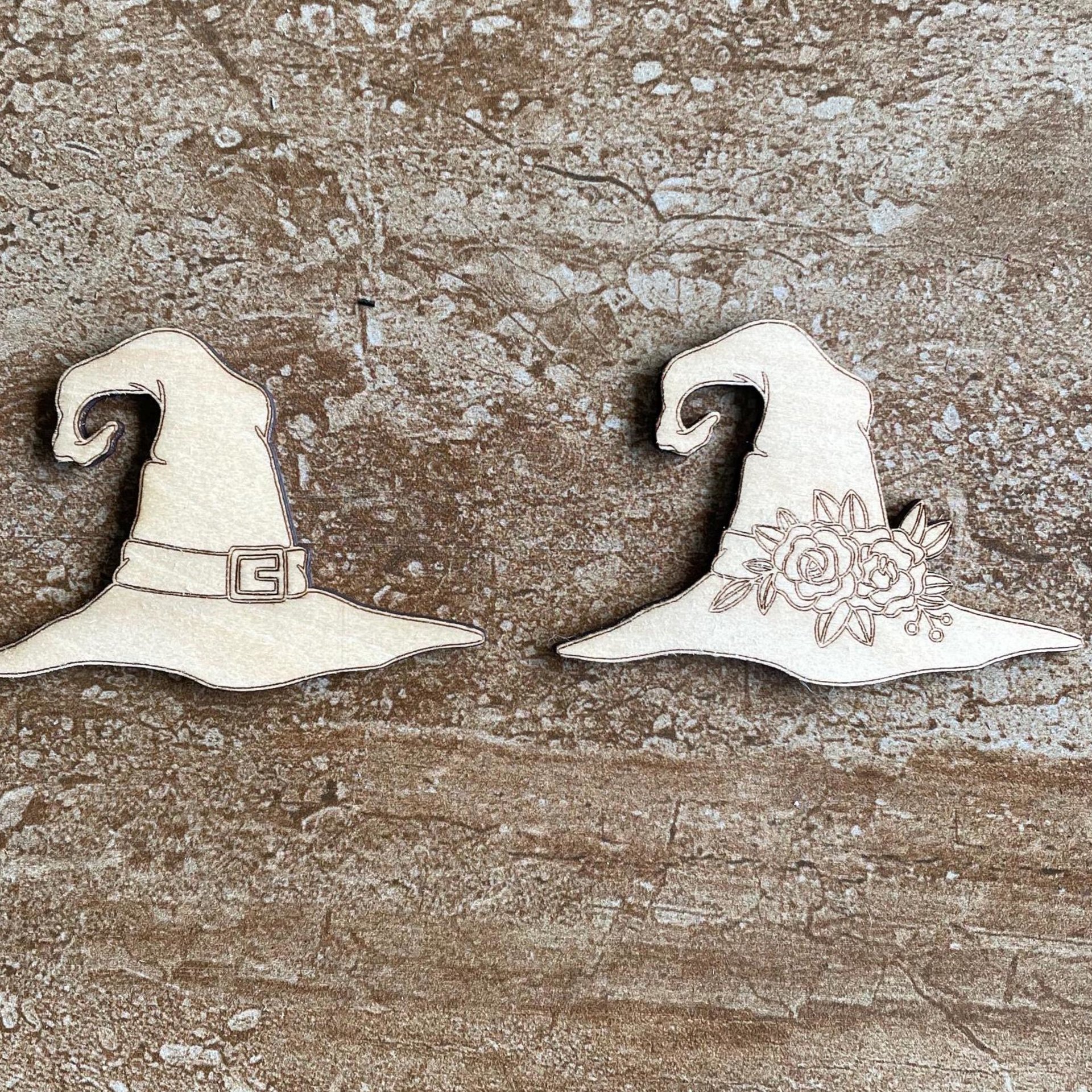 Handmade wooden DIY witches hat cutout in two unique styles, ready for paint or decorating