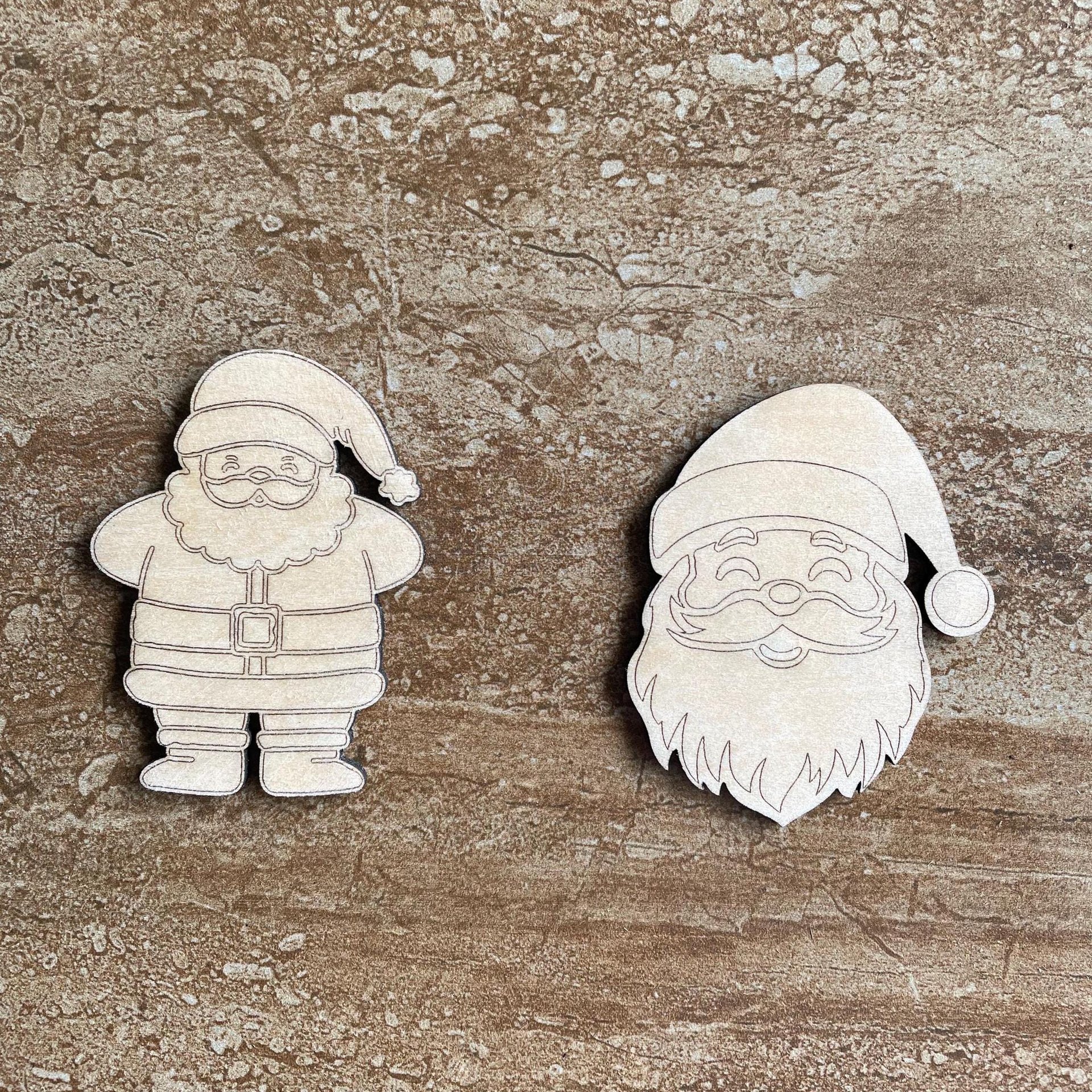 Handmade wooden DIY Santa cutout in two unique styles, ready for paint or decorating