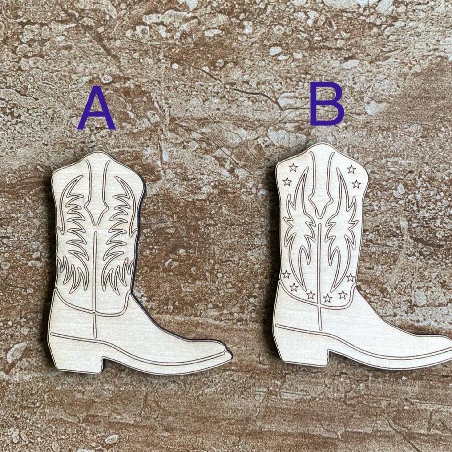 Handmade wooden DIY cowboy boot cutout in two unique styles, ready for paint or decorating