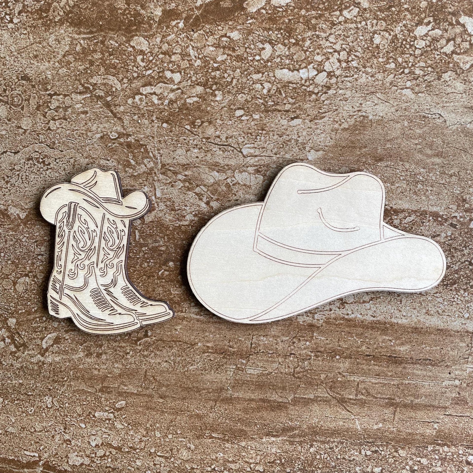 Handmade wooden DIY cowboy hat cutout in two unique styles, ready for paint or decorating