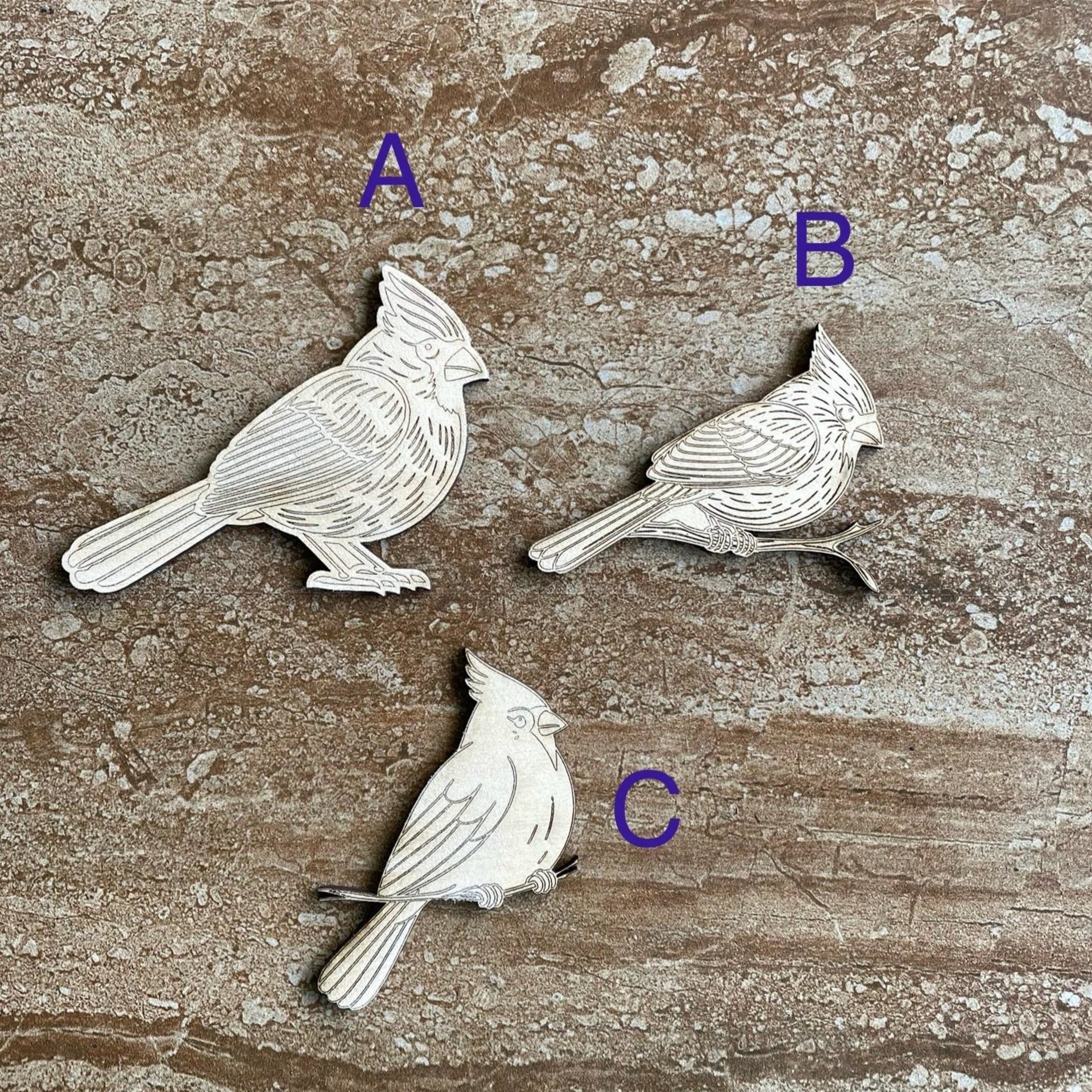 Handmade wooden DIY cardinal cutout in three unique styles, ready to paint or decorate