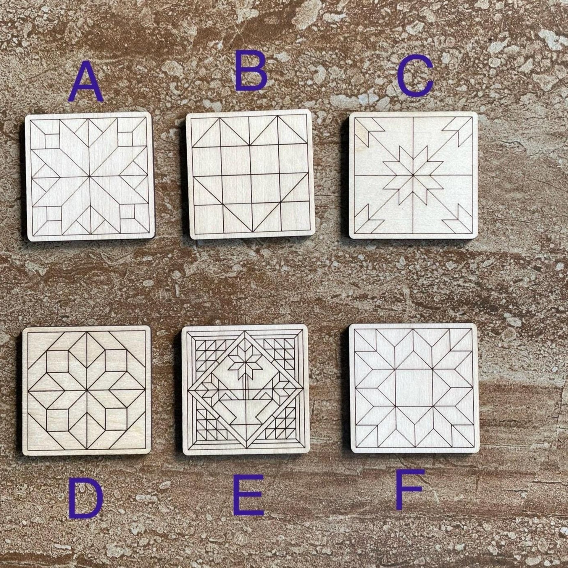 Handmade wooden DIY barn quilt cutout in six unique styles, ready for paint or decorating