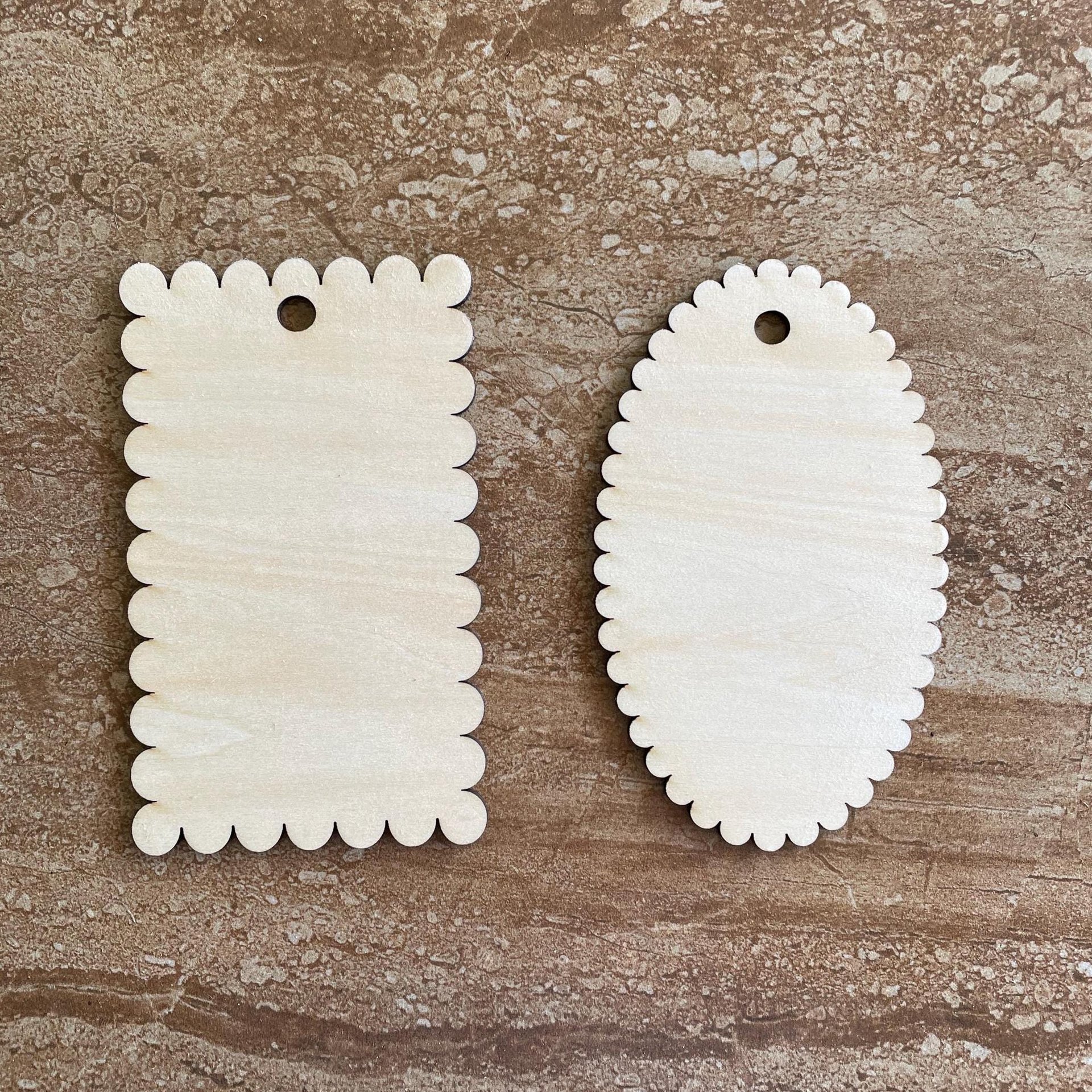 Handmade wooden DIY gift tag cutout in two unique styles, ready for paint or decorating