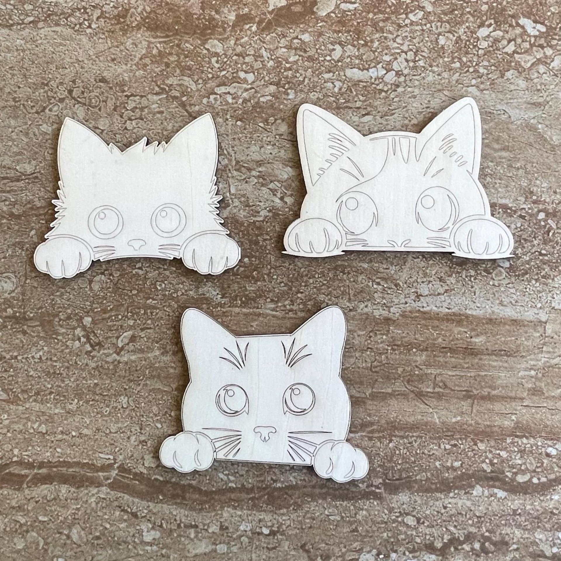 Handmade wooden DIY cat cutout in three unique styles, ready to paint or decorate