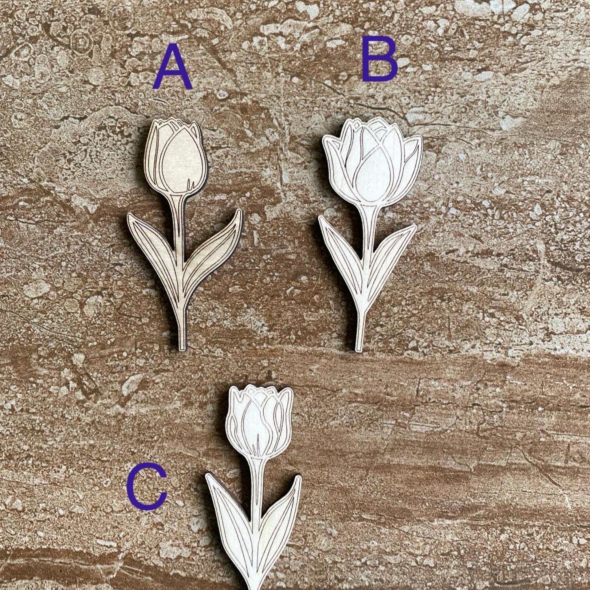 Handmade wooden DIY Tulip flower cutout in two unique styles, ready for paint or decorating