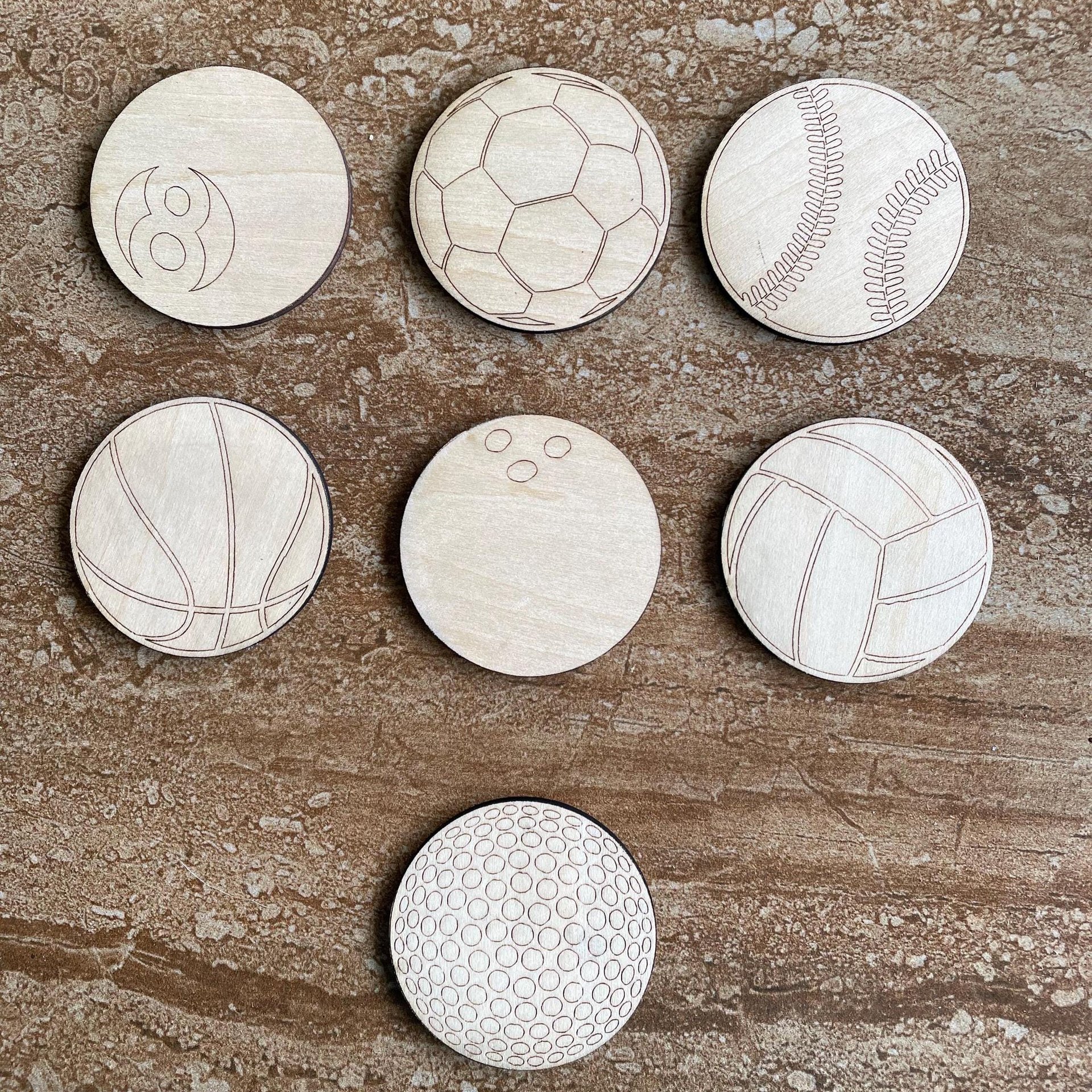 Handmade wooden DIY sports ball cutout in seven unique styles, ready for paint or decorating