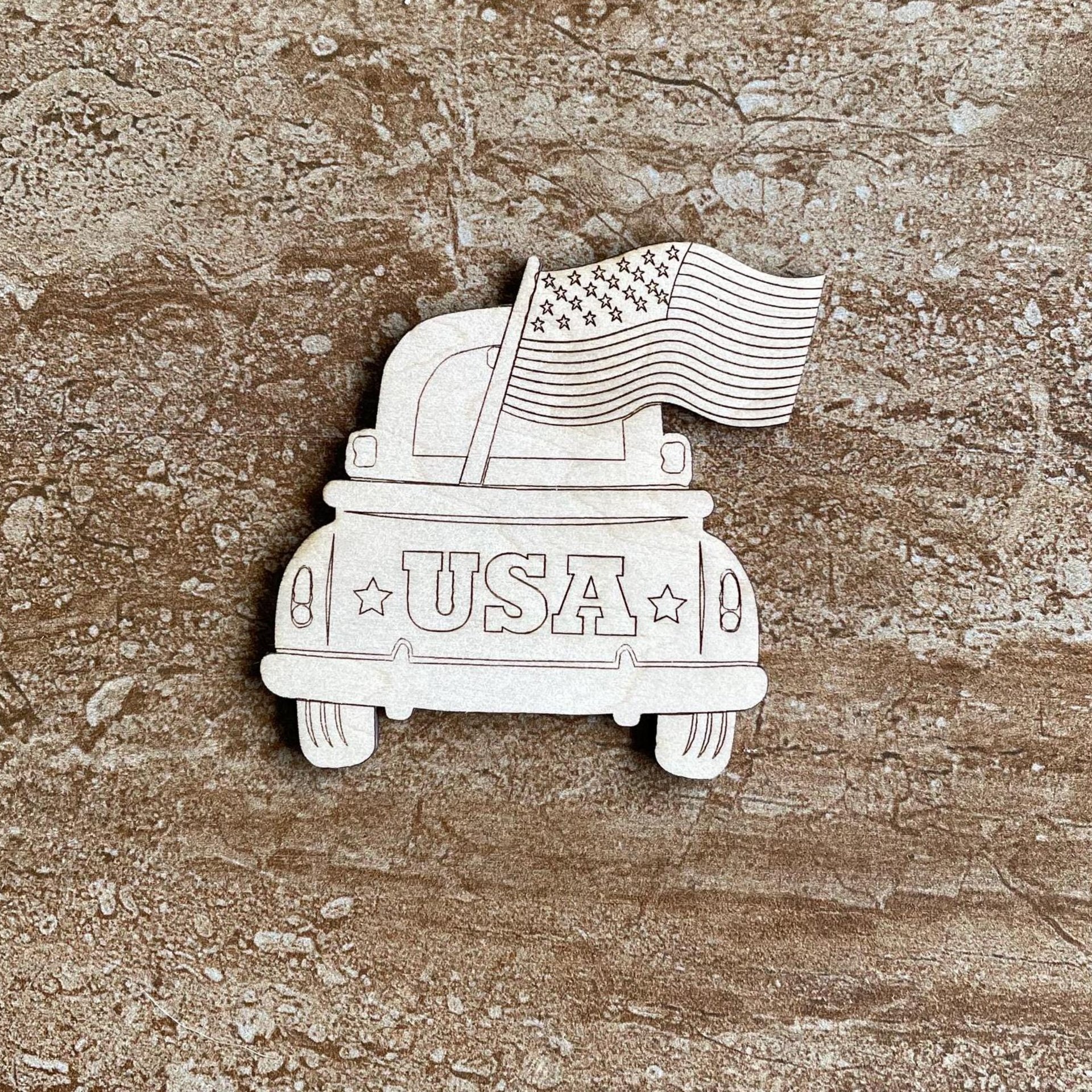 Handmade wooden DIY vintage truck with American flag cutout ready for paint or decorating