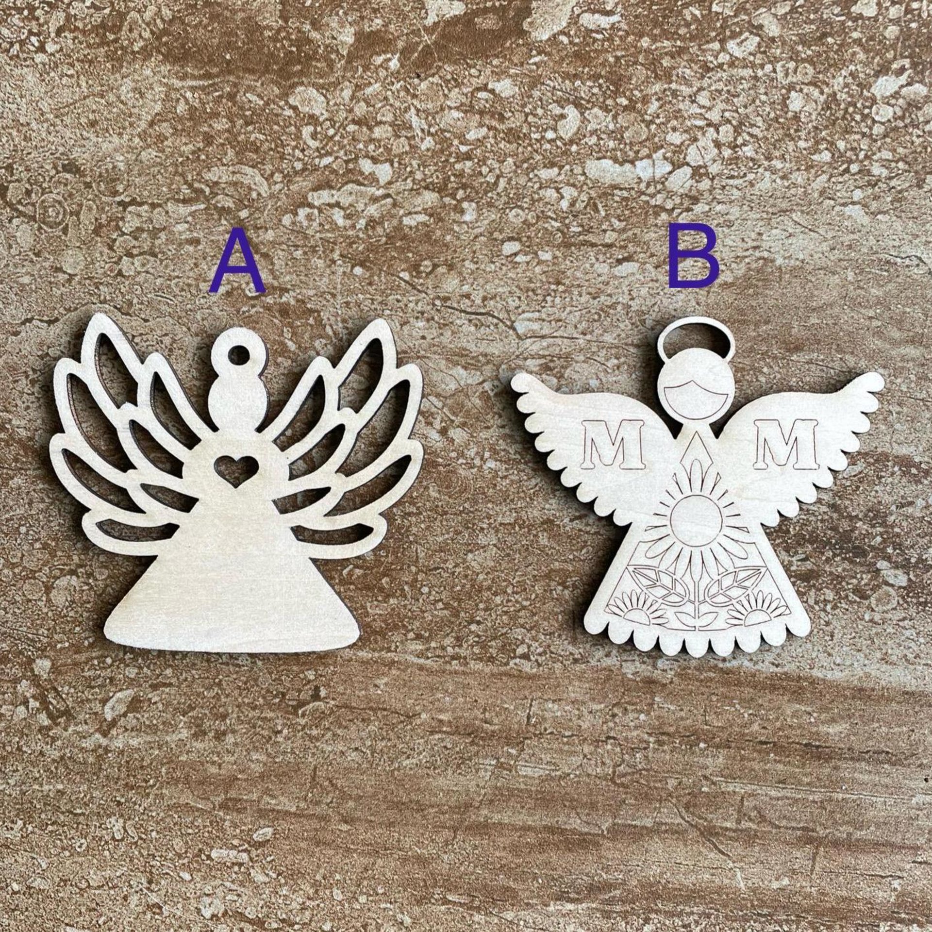Handmade wooden DIY angel cutout in two unique styles, ready for paint or decorating