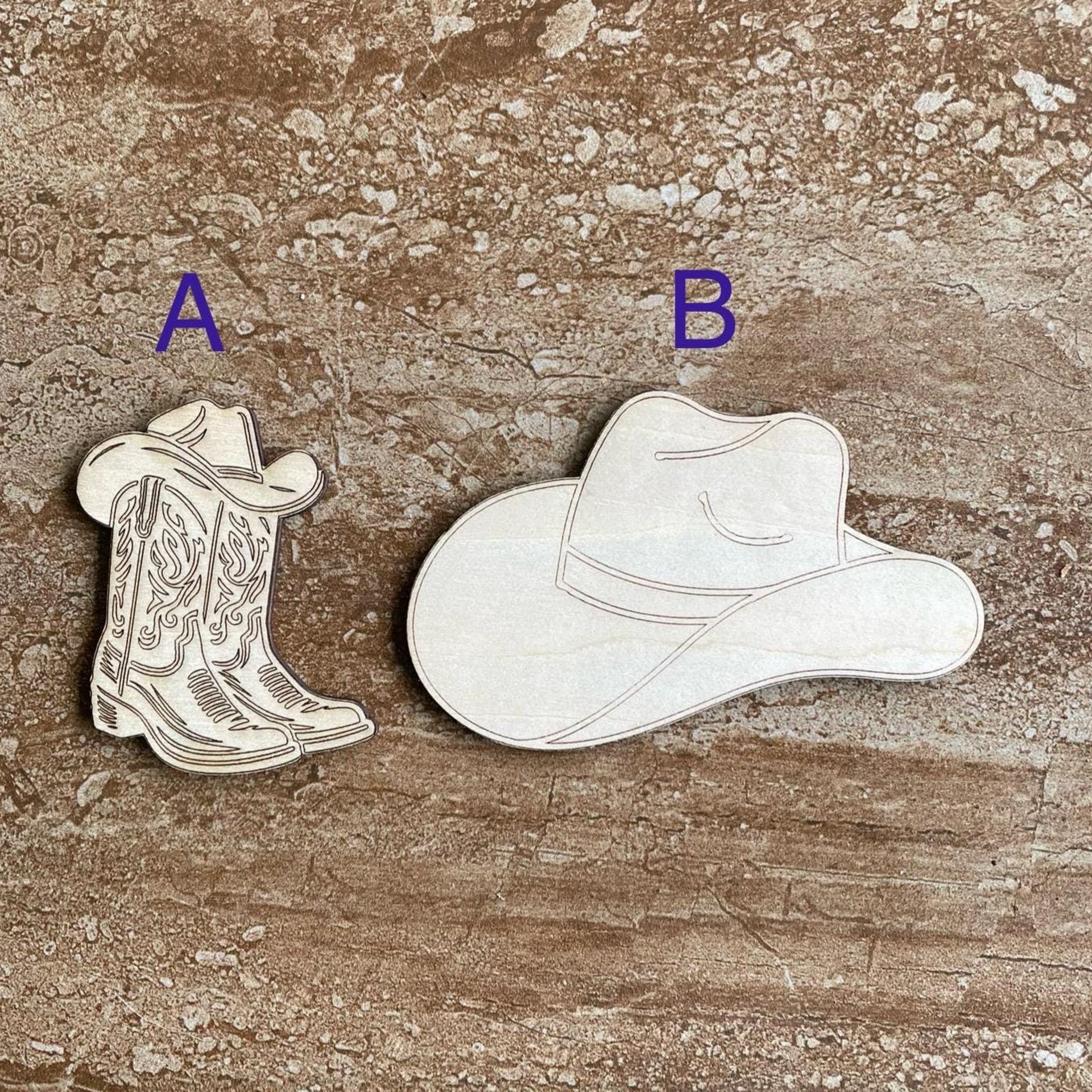 Handmade wooden DIY cowboy hat cutout in two unique styles, ready for paint or decorating
