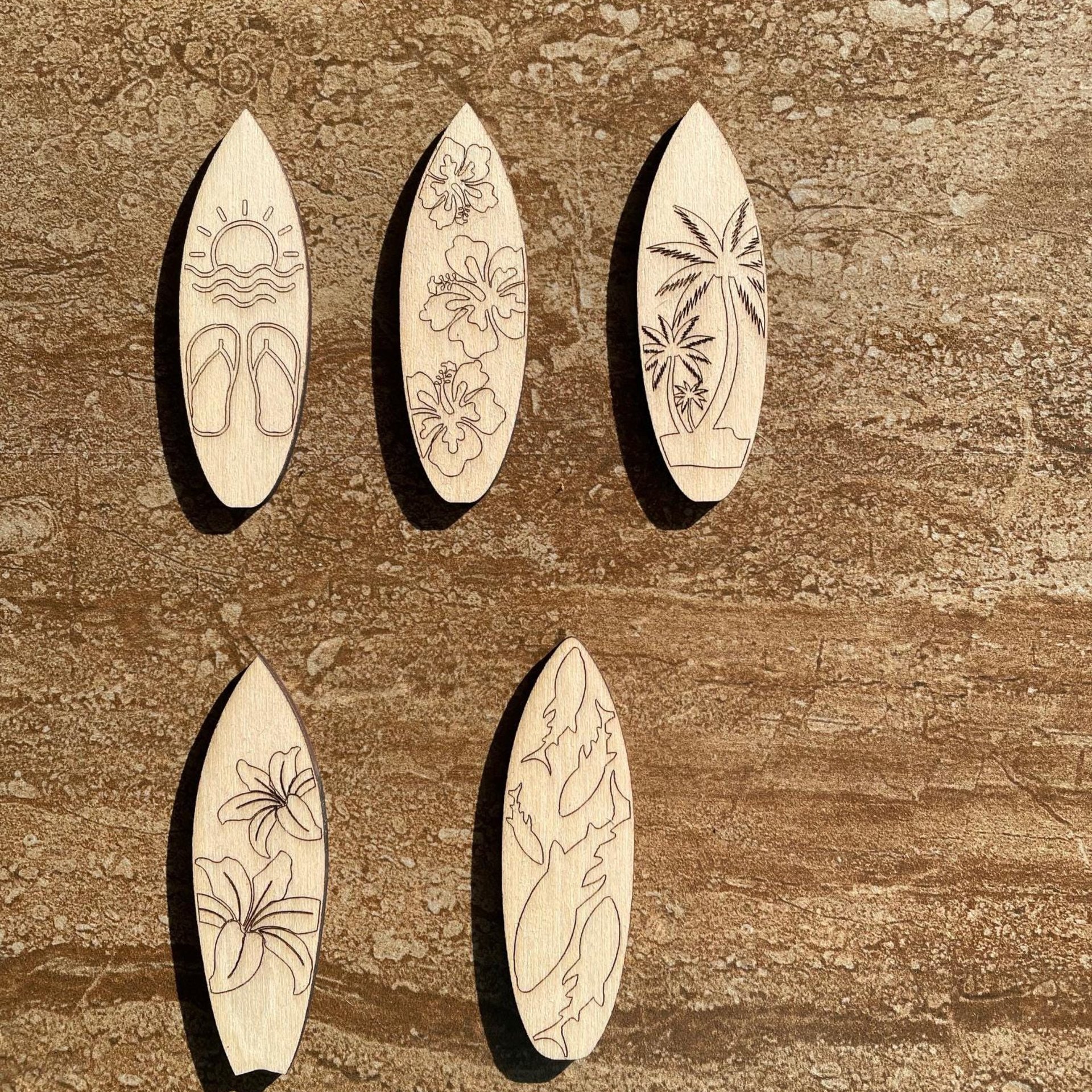 Handmade wooden DIY surfboard cutout in five unique styles, ready for paint or decorating