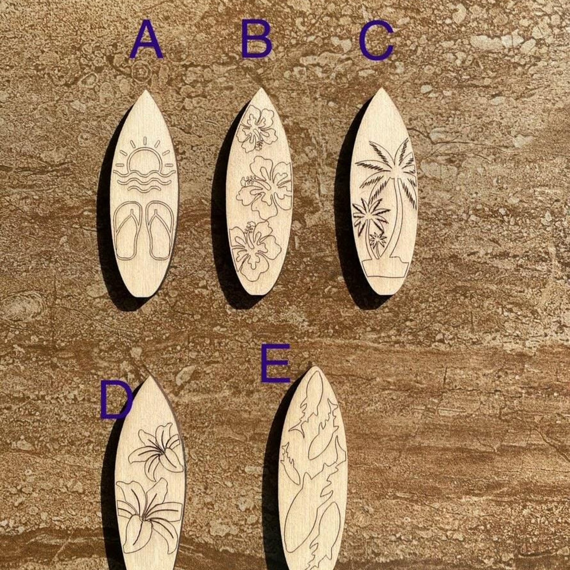 Handmade wooden DIY surfboard cutout in five unique styles, ready for paint or decorating