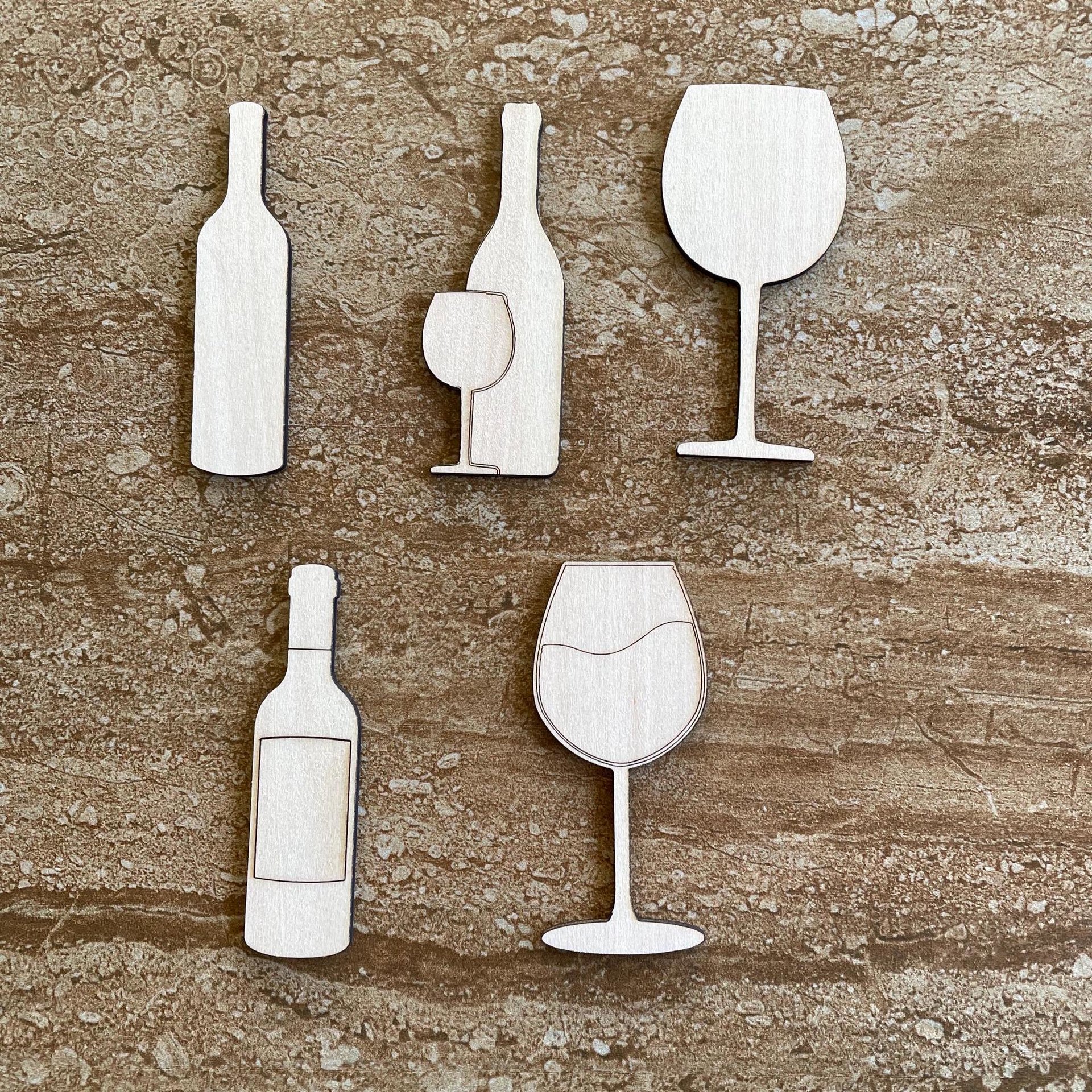 Handmade wooden DIY wine bottle or glass cutout in five unique styles, ready for paint or decorating
