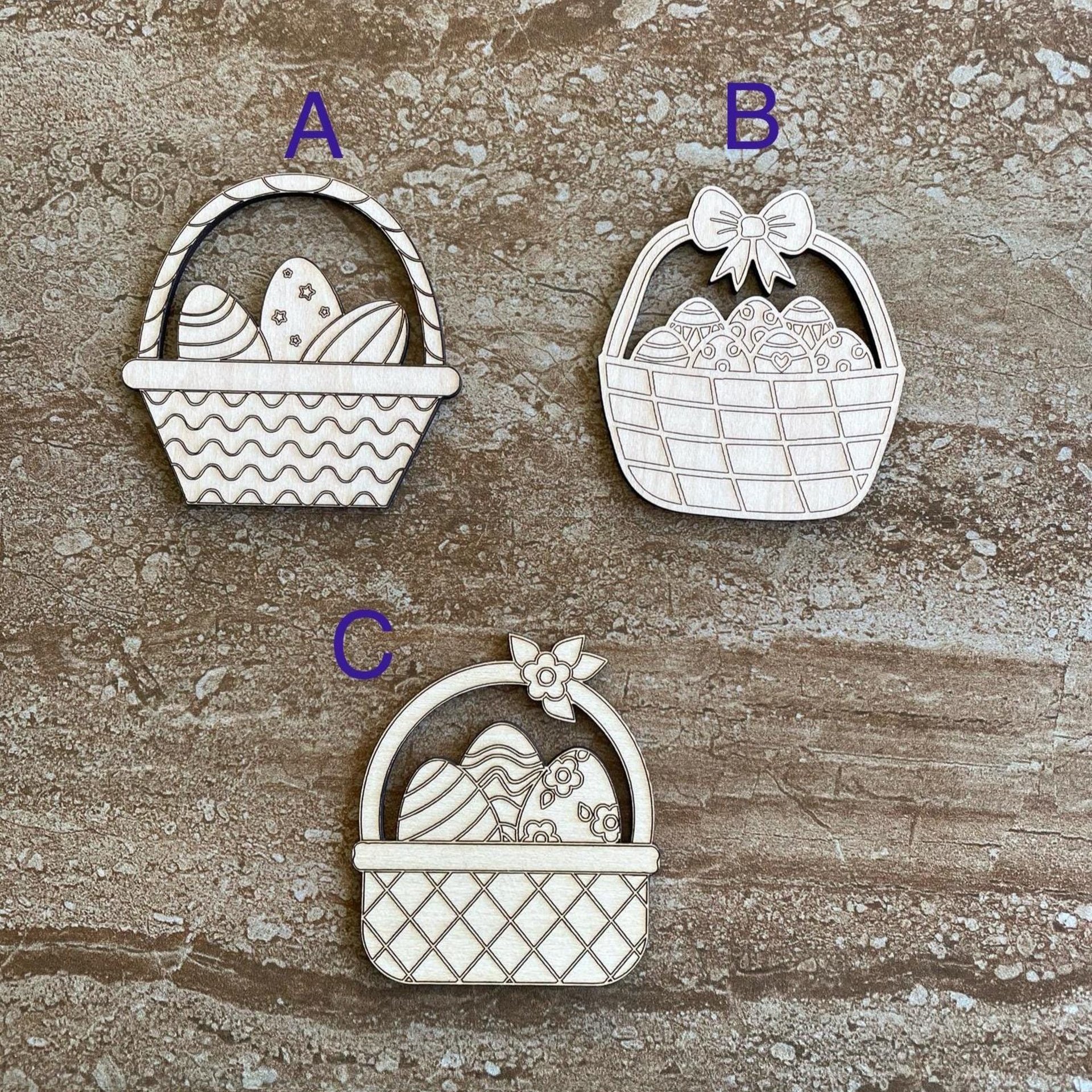 Handmade wooden DIY Easter basket cutout in three unique styles, ready for paint or decorating