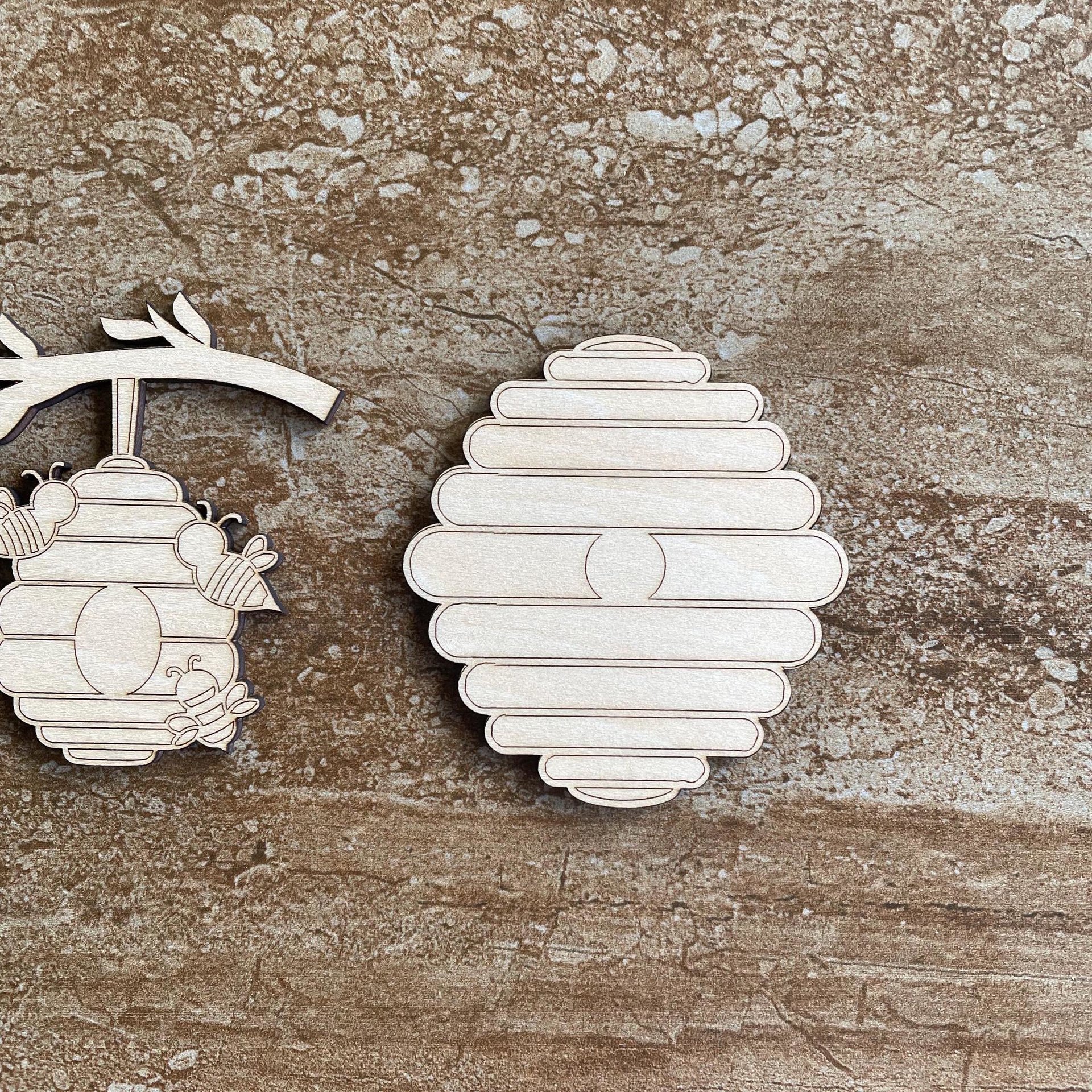 Handmade wooden DIY beehive cutout in two unique styles, ready to paint or decorate