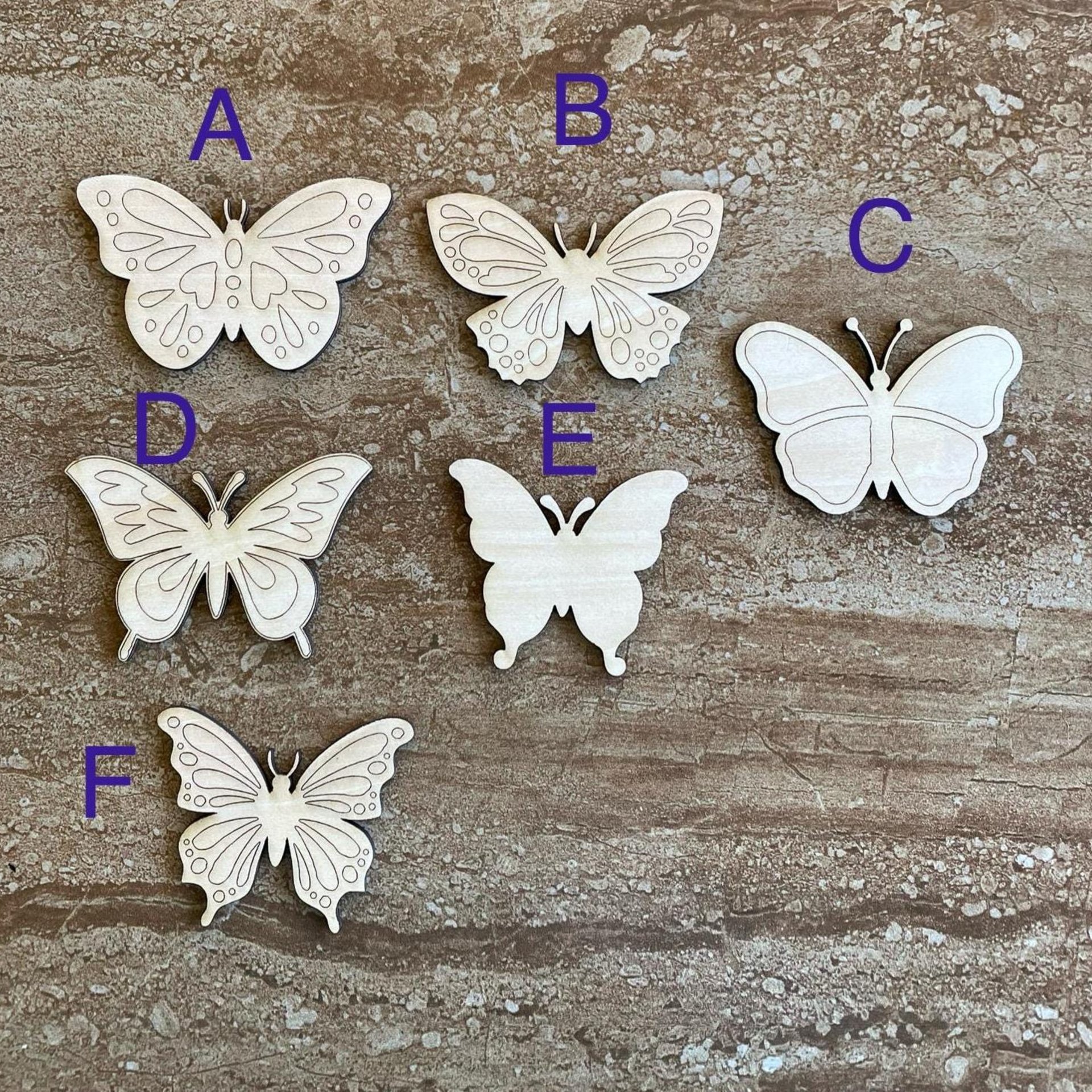 Handmade wooden DIY butterfly cutout in six unique styles, ready to paint or decorate