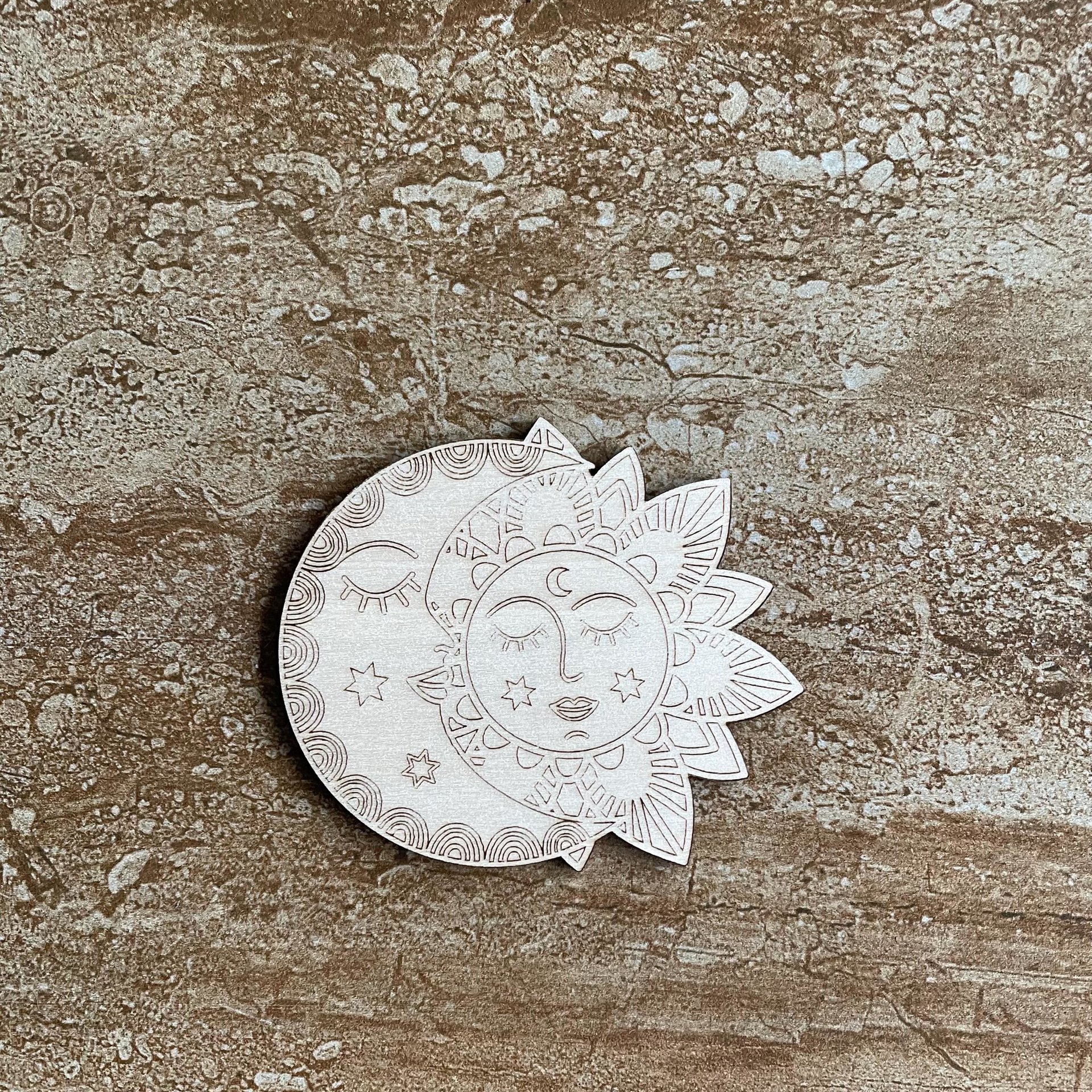 Handmade wooden DIY sun and moon cutout ready for paint or decorating