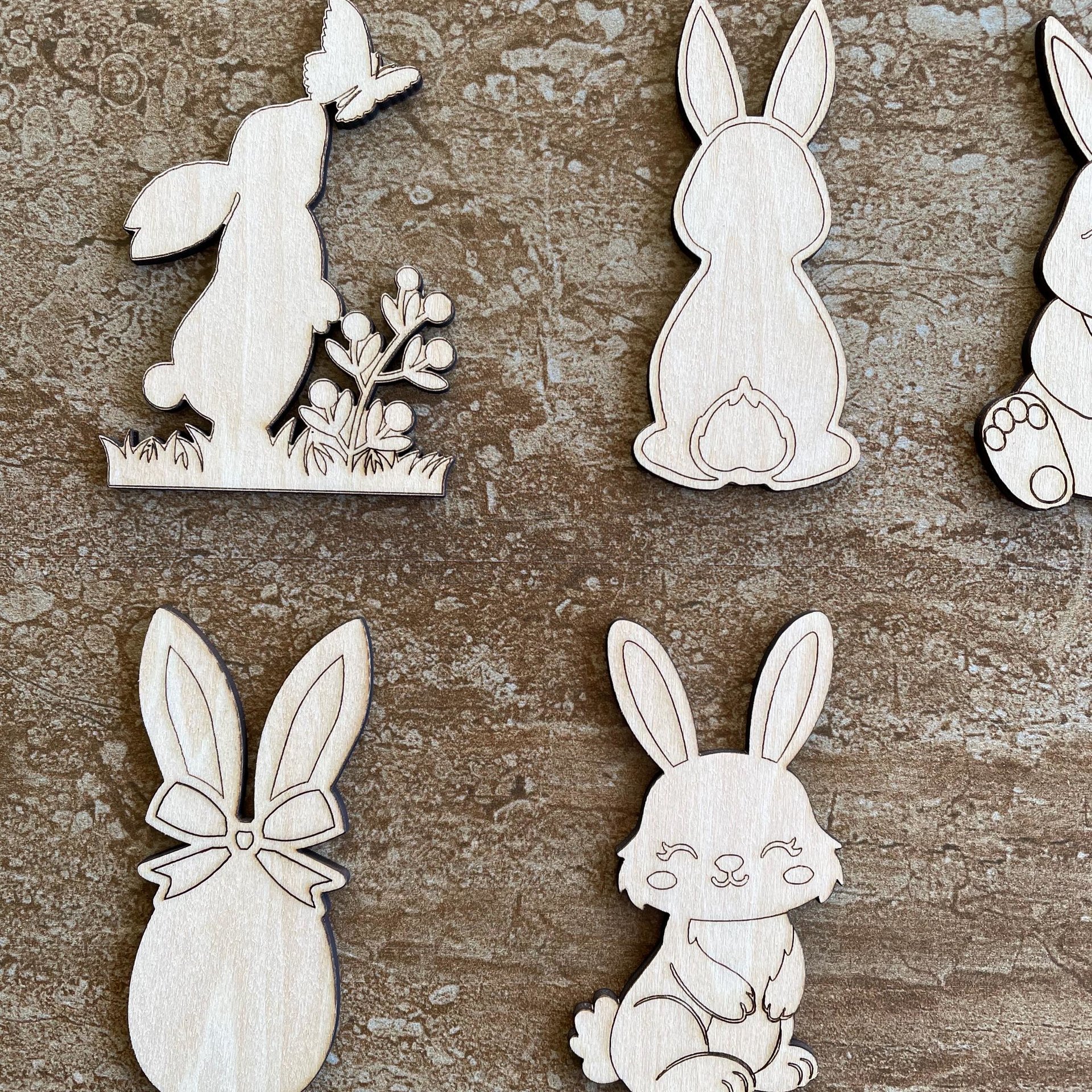 Handmade wooden DIY Easter bunny cutout in five unique styles, ready for paint or decorating
