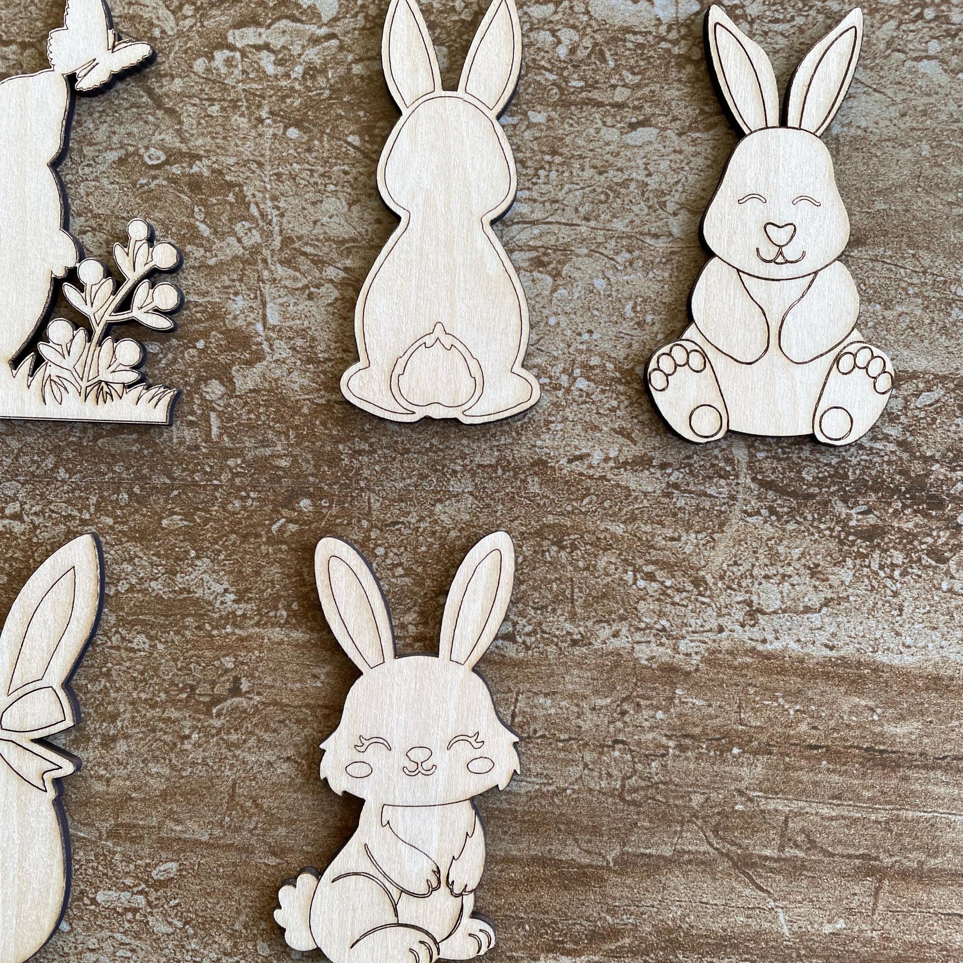 Handmade wooden DIY Easter bunny cutout in five unique styles, ready for paint or decorating