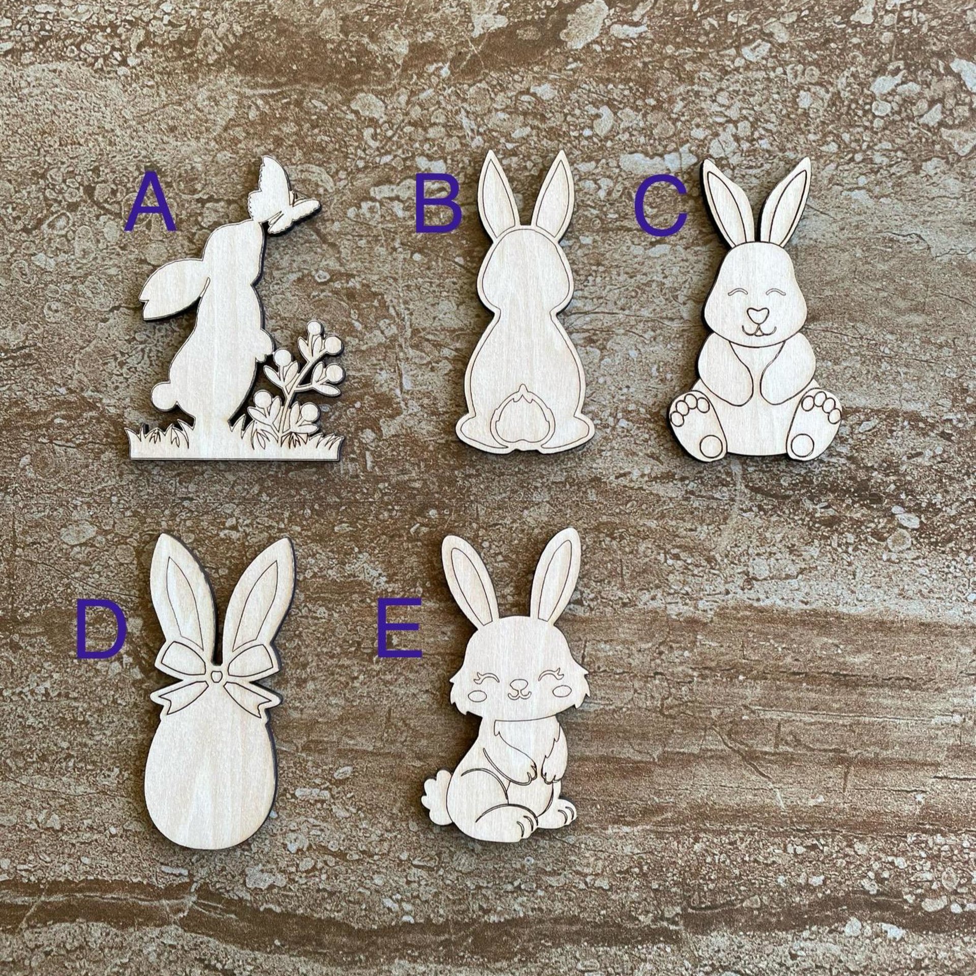 Handmade wooden DIY Easter bunny cutout in five unique styles, ready for paint or decorating
