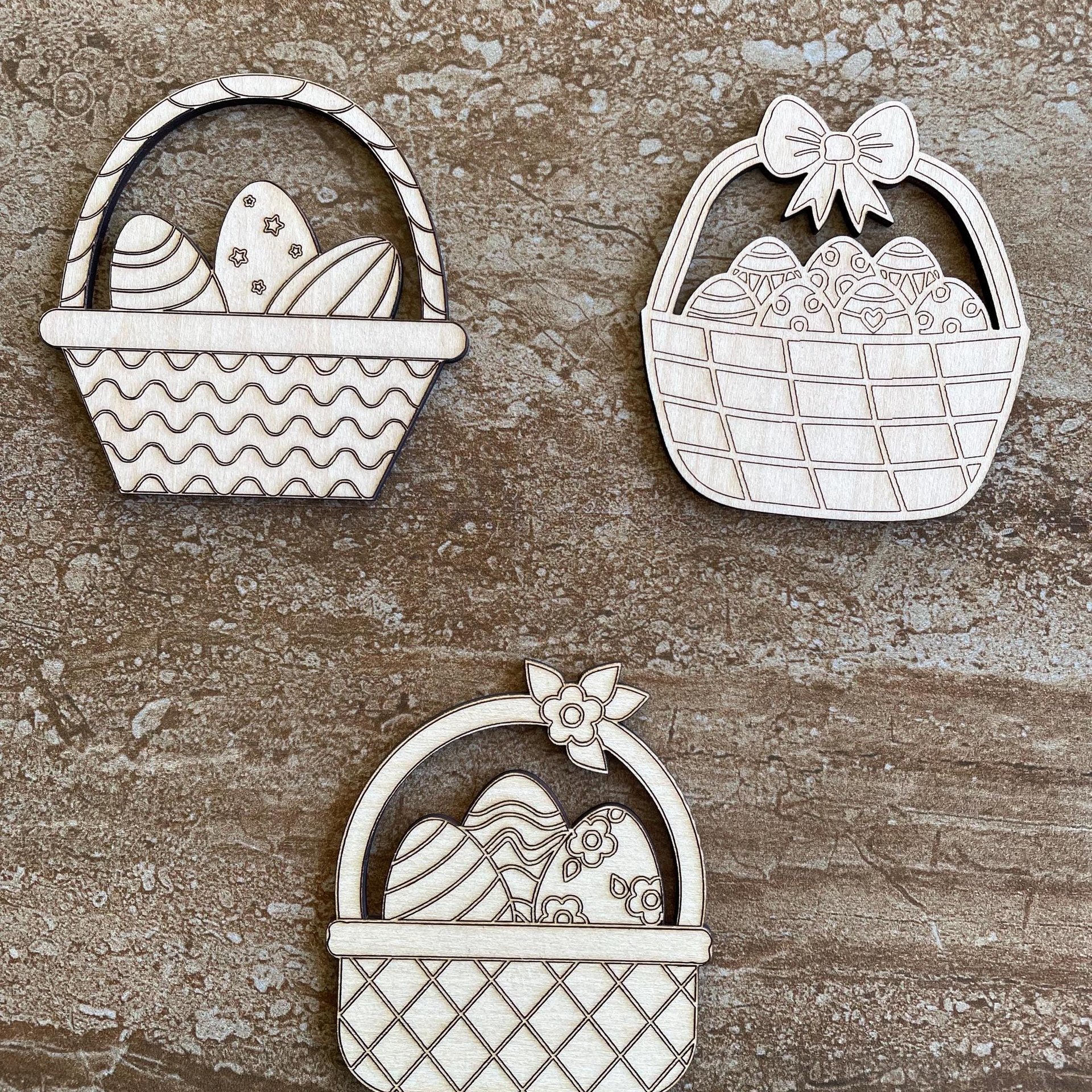 Handmade wooden DIY Easter basket cutout in three unique styles, ready for paint or decorating