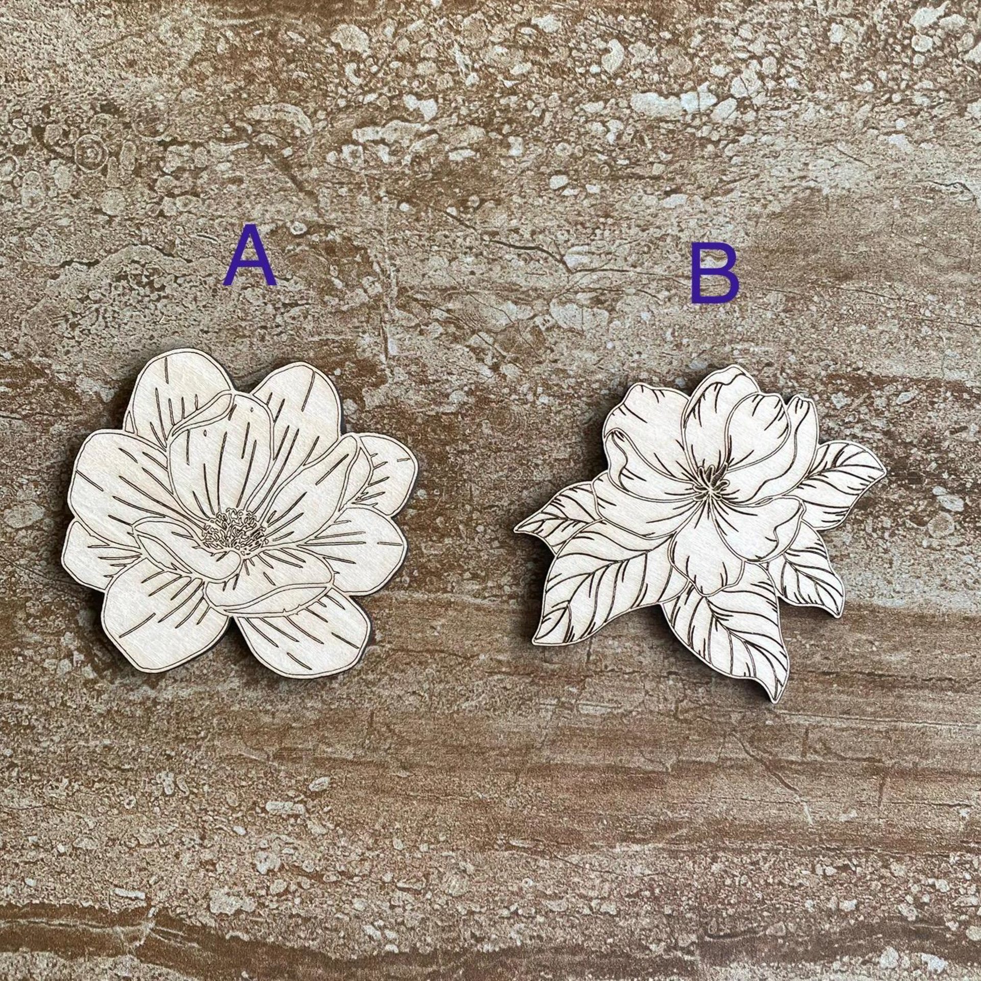 Handmade wooden DIY magnolia flower cutouts in two unique styles, ready for paint or decorating