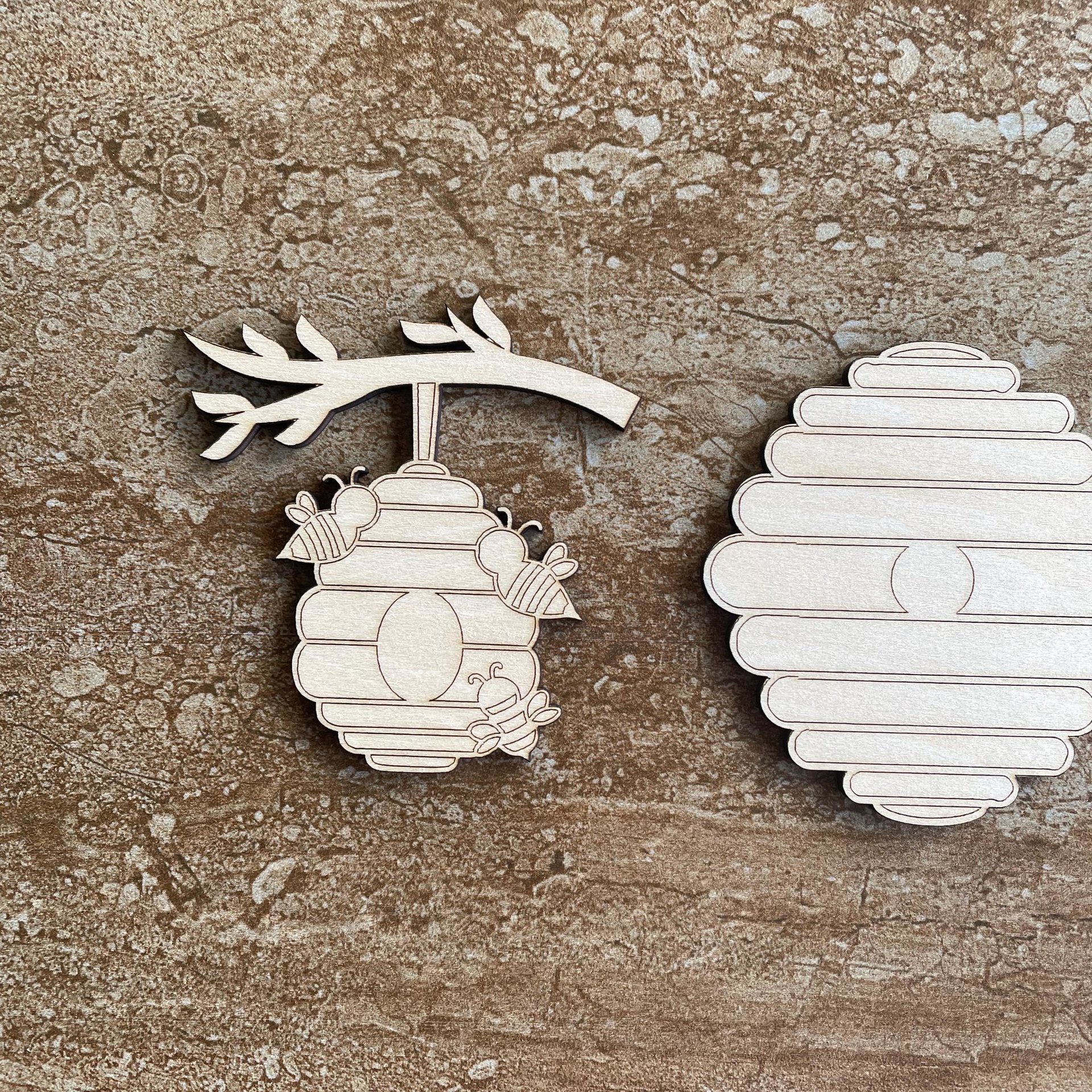Handmade wooden DIY beehive cutout in two unique styles, ready to paint or decorate