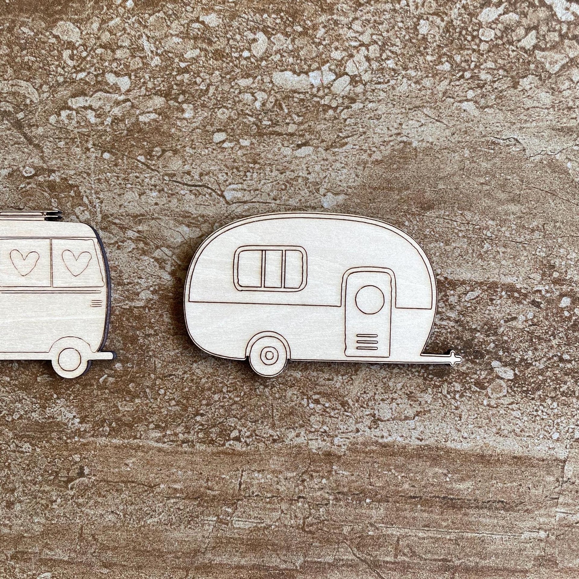 Handmade wooden DIY camper cutout in two unique styles, ready to paint or decorate