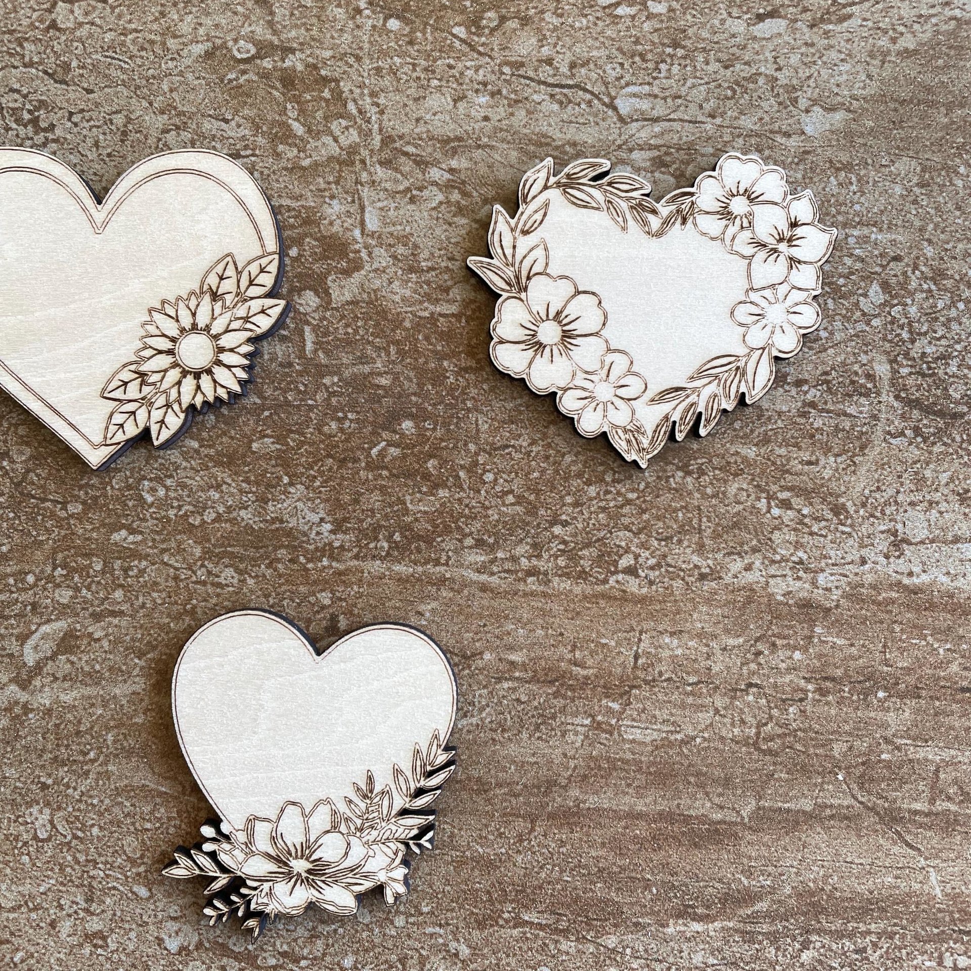 Handmade wooden DIY Valentine heart cutout in three unique styles, ready for paint or decorating