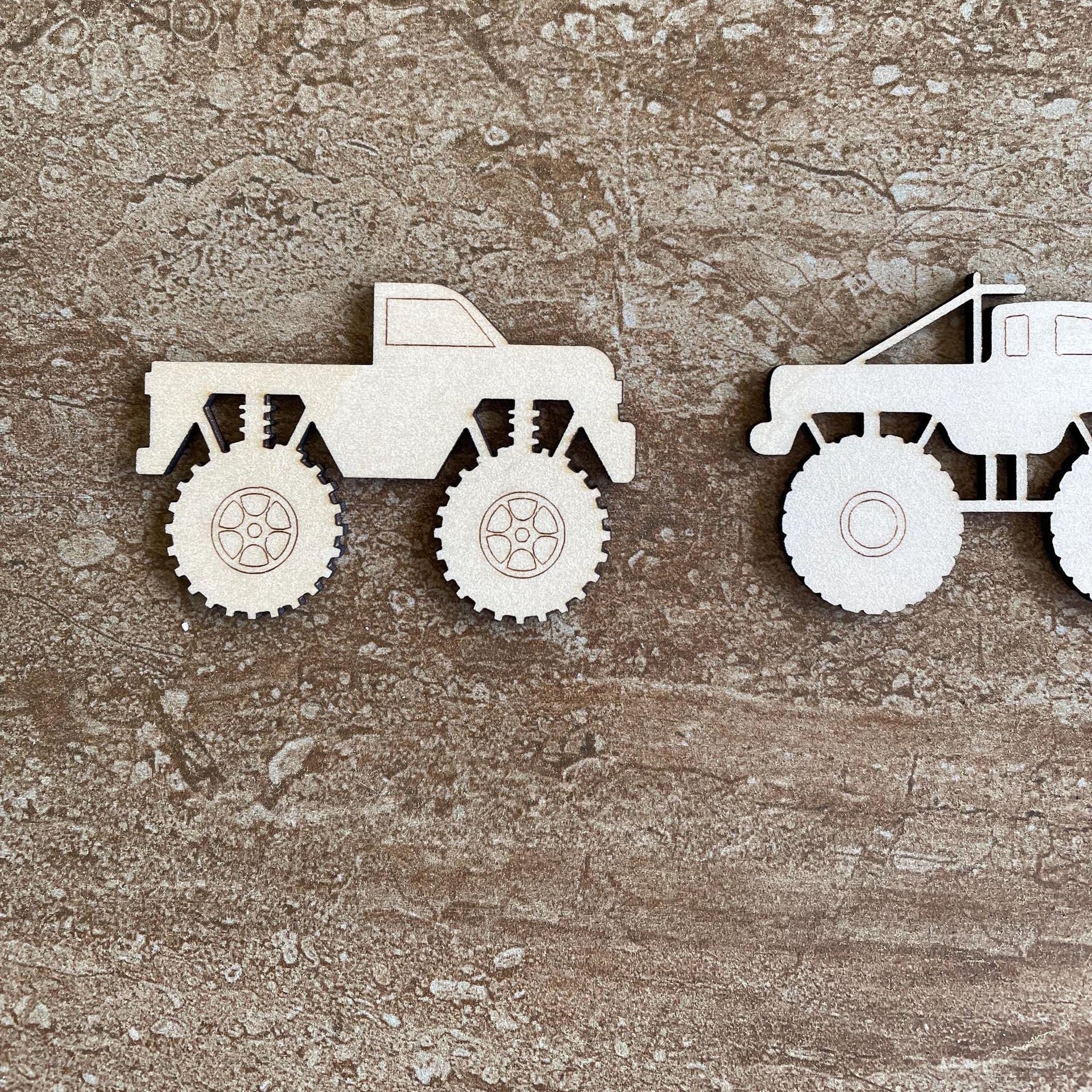 Handmade wooden DIY monster truck cutout in two unique styles, ready to paint or decorate