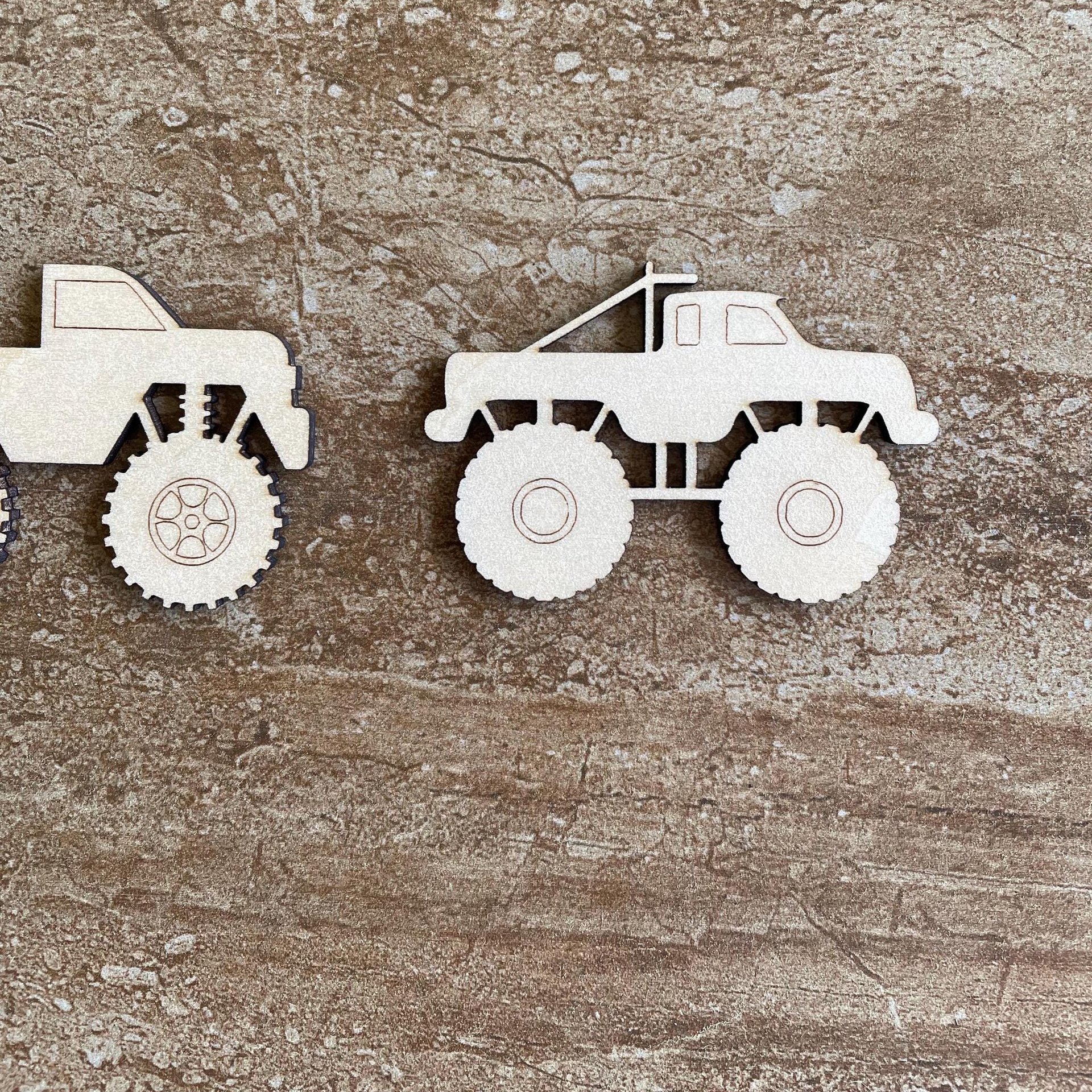 Handmade wooden DIY monster truck cutout in two unique styles, ready to paint or decorate