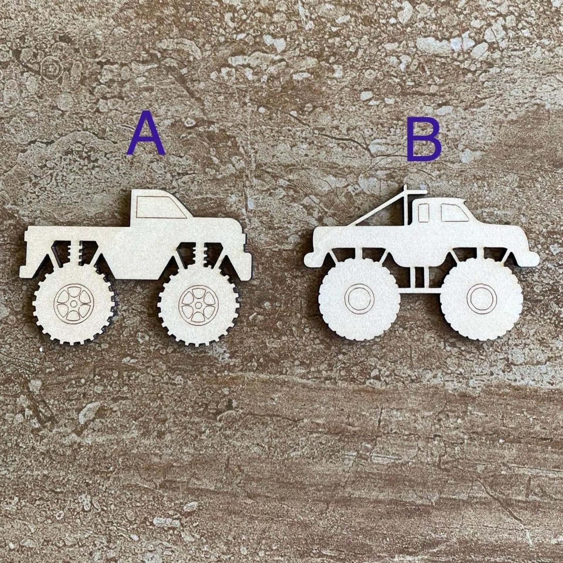 Handmade wooden DIY monster truck cutout in two unique styles, ready to paint or decorate