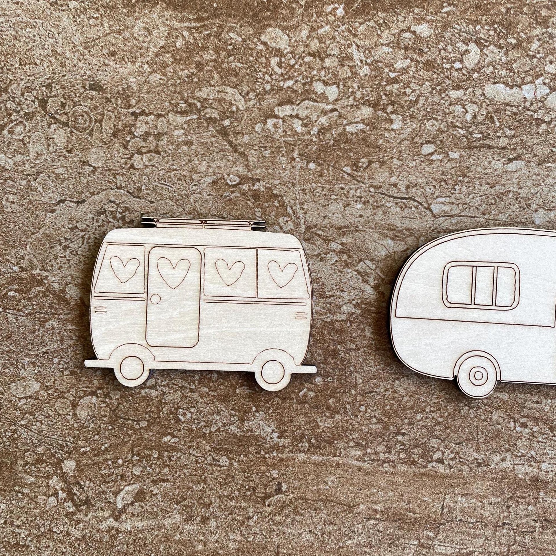 Handmade wooden DIY camper cutout in two unique styles, ready to paint or decorate